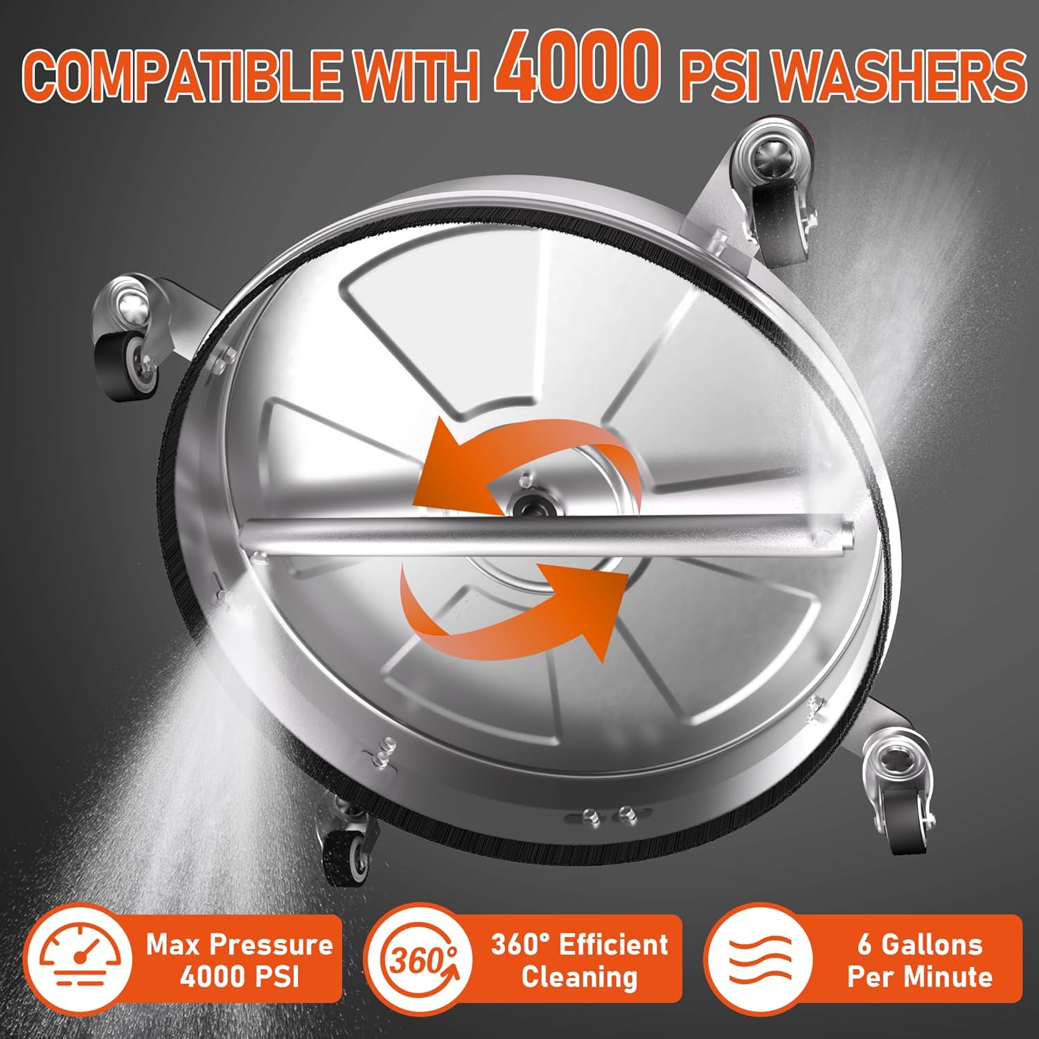 18" Pressure Washer Surface Cleaner with 4 Wheels, 4000 PSI Max Stainless Steel Surface Cleaner for Pressure Washer, 2 Extension Wands, 1/4" Quick Plug, for Concrete, Patio, Sidewalk, Deck