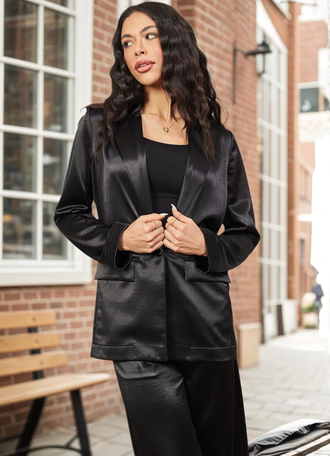 Women's 2 Piece Outfits Satin Blazer Suit Wide Leg Pantsuit Business Casual Work Dress Jacket Pant Sets