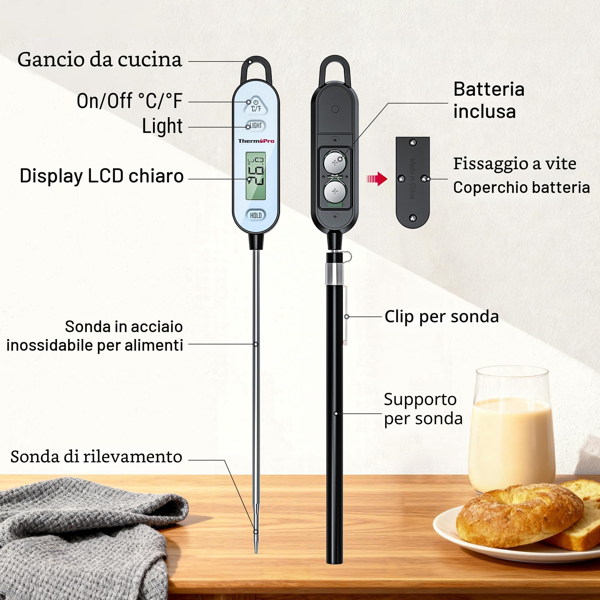 ThermoPro TP515 Termometro cucina carne alimentare IPX7 sonda 14,5 cm retroilluminato blocco