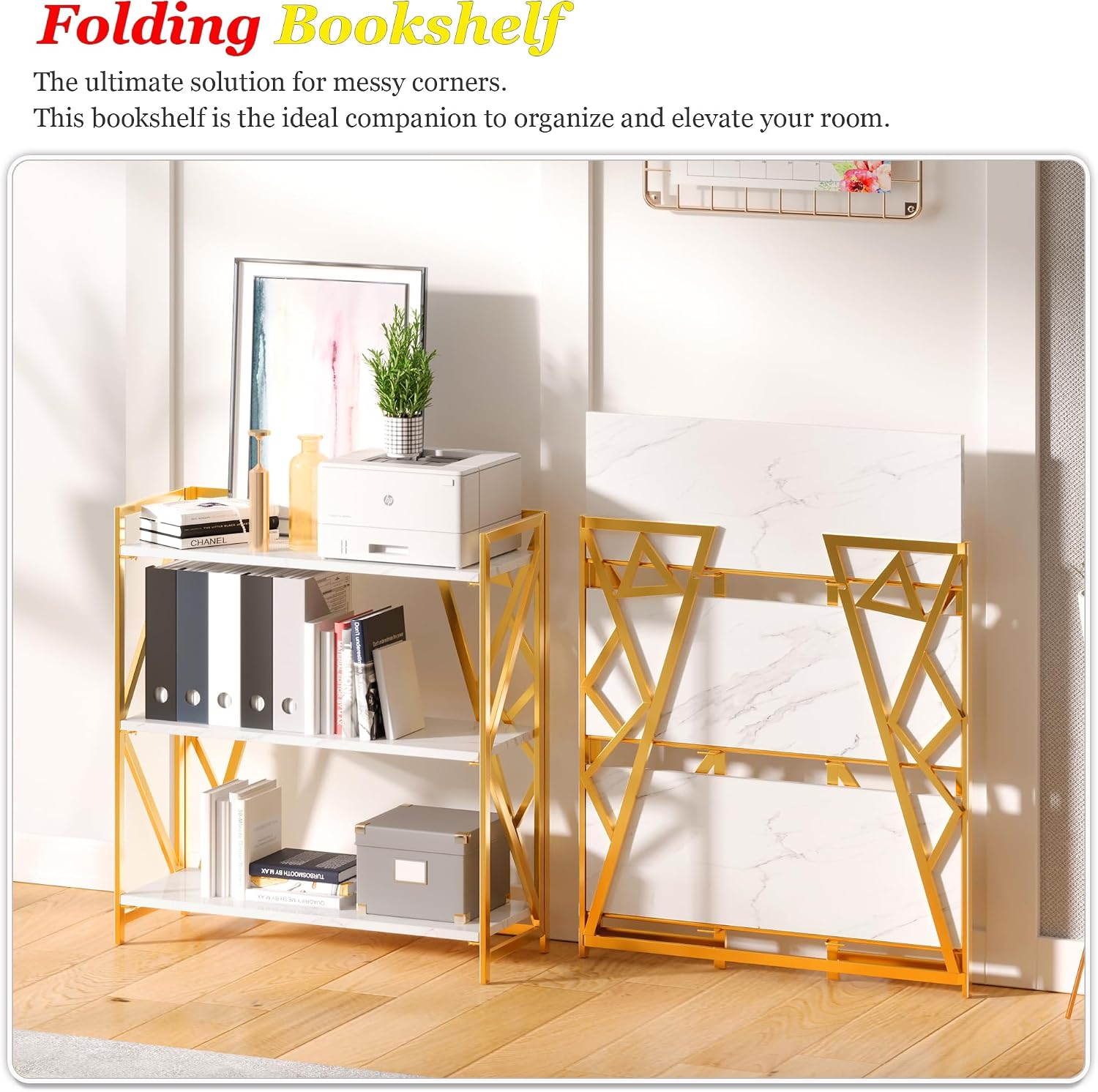 UDD No Assembly Wide Folding Bookshelf, 34" H x 30.9" W, 3 Tier Foldable Book Shelf Industrial Bookcase, Vintage Collapsible Storage Shelves for Home Office Living Room Bedroom, White Gold