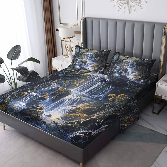 Waterfall Sheet Set for Bedroom Decor, Rainforest Landscape Sheets King Size Bed, Forest Nature Bedding 4 Piece, Soft Microfiber, Deep Pocket Bedding Sheets & Pillowcases