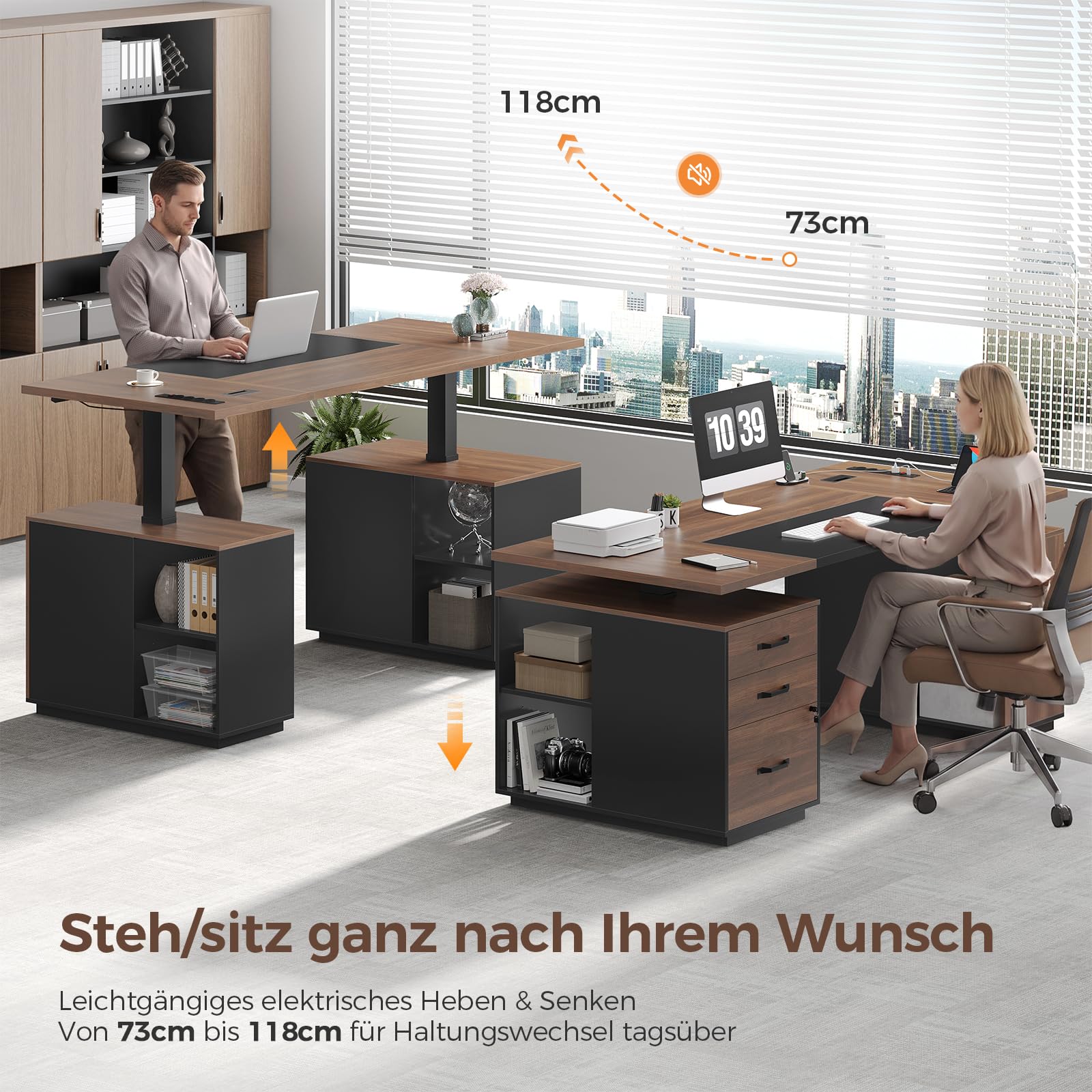 KIMENICH Höhenverstellbarer Schreibtisch elektrisch 140x70 cm, Computertisch mit Schubladen, offene Fächer, Ladefunktion, Stehtisch, Bürotisch, Memory-Funktion, Schwarz