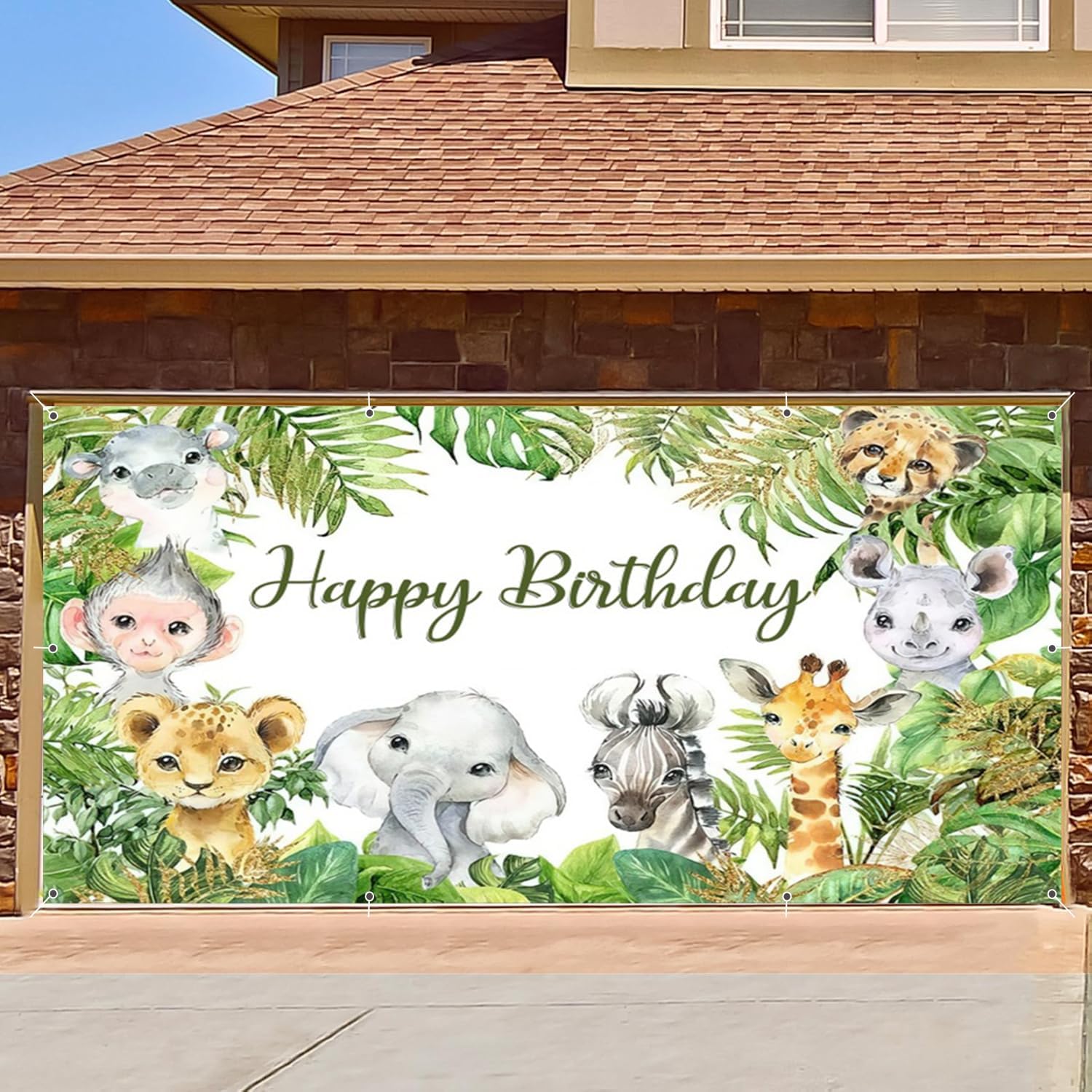 Jungle Animal Happy Birthday Garage Door Cover Banner Decorations Backdrop 7x16ft Large Safari Tropical Palm Leaves Garage Door Banner Decorations Kids Birthday Party Outdoor Garage Door Backdrop