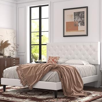 Allewie Full Size Platform Bed Frame, Adjustable Faux Leather Headboard with Diamond Stitch and Button Tufted, Sturdy Wood Slats, Easy-Assembly, No Box Spring Needed, Off-White