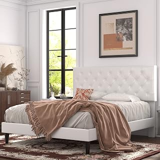 Allewie Full Size Platform Bed Frame, Adjustable Faux Leather Headboard with Diamond Stitch and Button Tufted, Sturdy Wood Slats, Easy-Assembly, No Box Spring Needed, Off-White