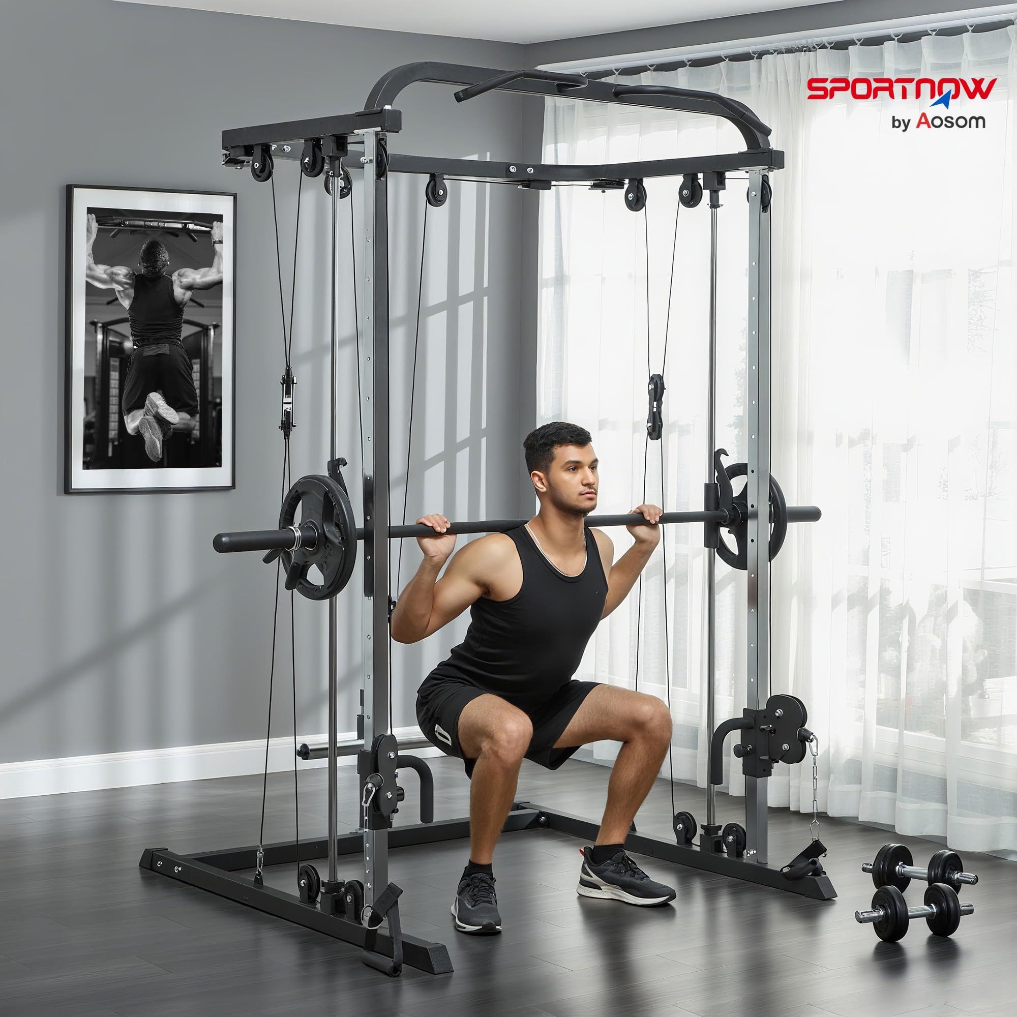 SPORTNOW Smith Machine Multiestación de Musculación Máquina Multifunción de Musculación con Soporte para Sentadillas y Barra para Pesas para Entrenamiento Fitness en Hogar Negro