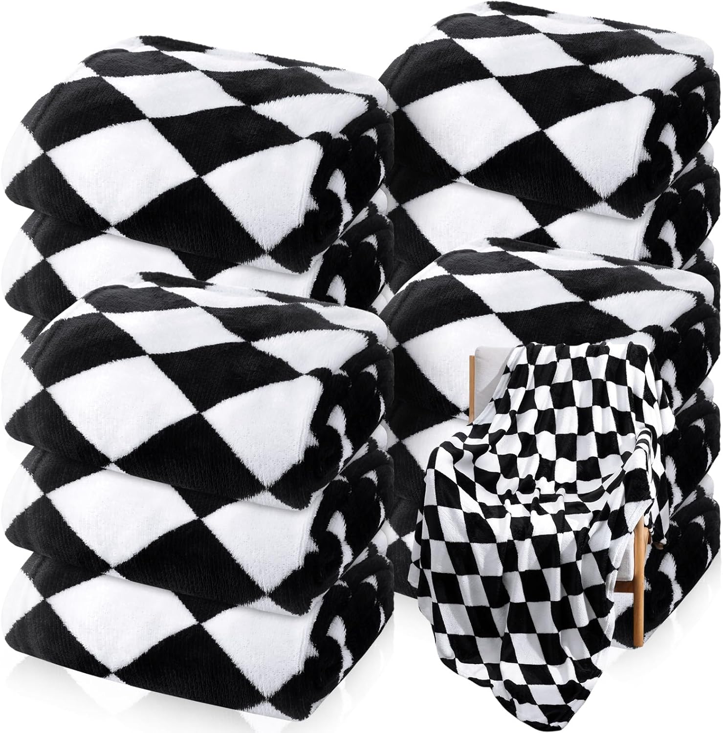 Tinideya 12 Pcs Flannel Fleece Throw Blanket Bulk 50 x 60 Inch Black White Diamond Plaid Fleece Blanket Soft Warm Coral for Bed Couch Sofa Home Wedding Gifts Season