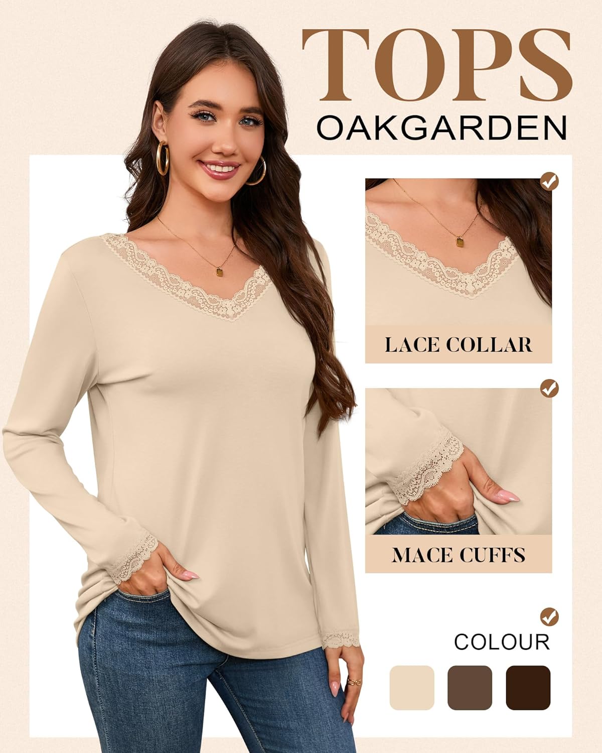 3 Pack Long Sleeve Shirts for Women V Neck Lace Trim Loose Dressy Business Casual Top Blouse Fall Trendy Basic Tee - Image 3