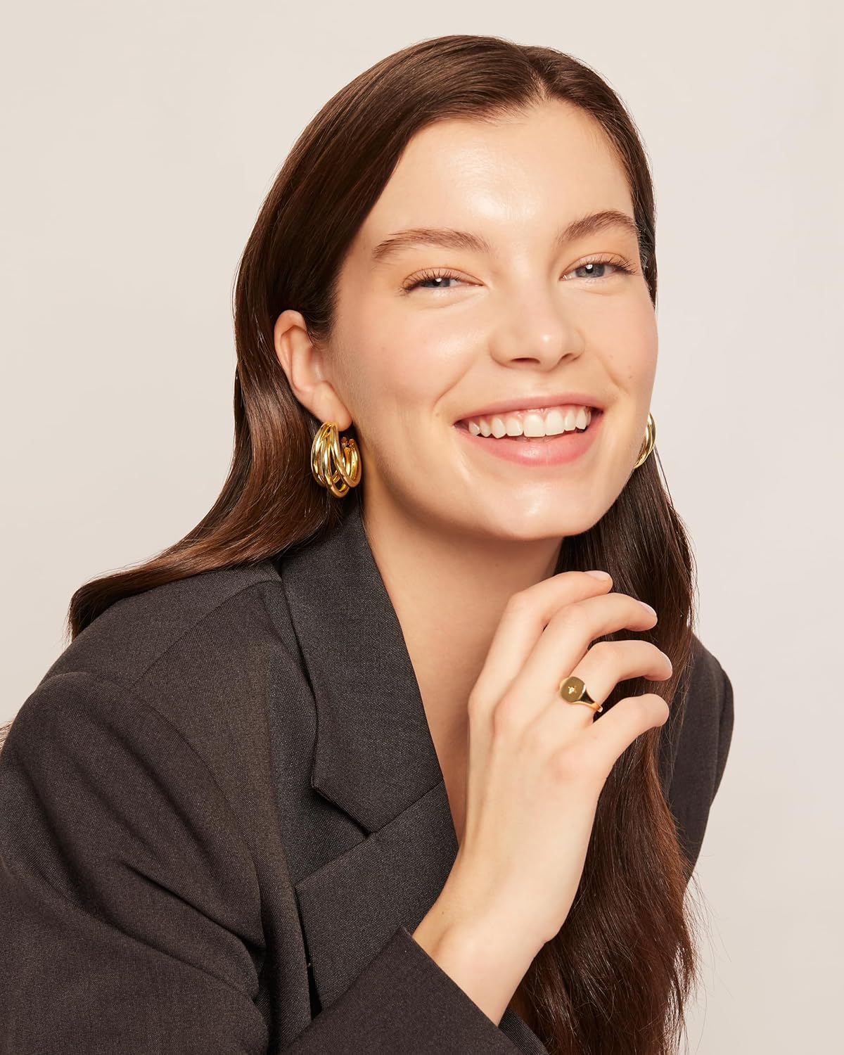 PAVOI Gold Hoop Earrings for Women - 14k Gold Plated Chunky Triple Split Loop Huggie Earrings | Hypoallergenic Statement Jewelry | Trendy Multi Hoop Design - Image 4