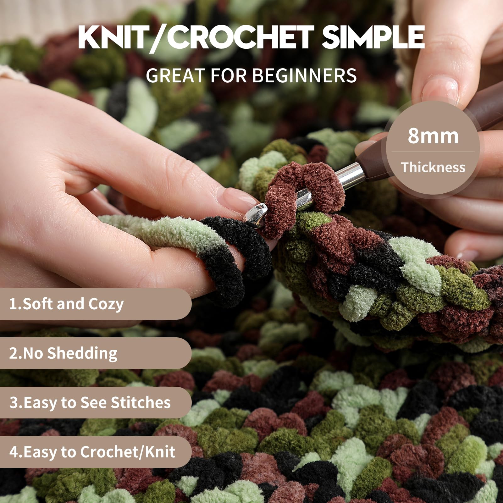 2 Pack Chunky Chenille Yarn for Crocheting and Knitting Beginners,Thick Bulky Plush Fluffy Velvet Soft Baby Blanket Crochet Chenille Yarn for Crocheting Blankets/Amigurumi/DIY Crafts(Camouflage - 4