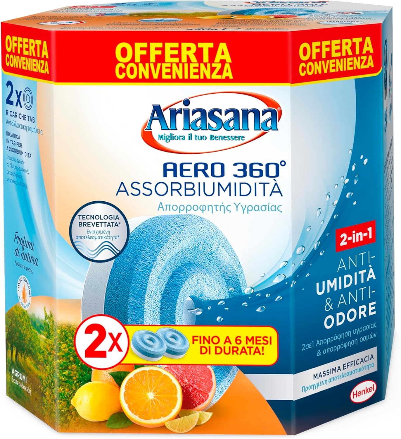 Ariasana Aero 360° Tab Citrus Bipack Moisture Absorber, 1 Dehumidifier and 2 Tab 450 g Citrus Scent, Moisture Absorber for Air Circulation, Home Dehumidifier Against Moisture
