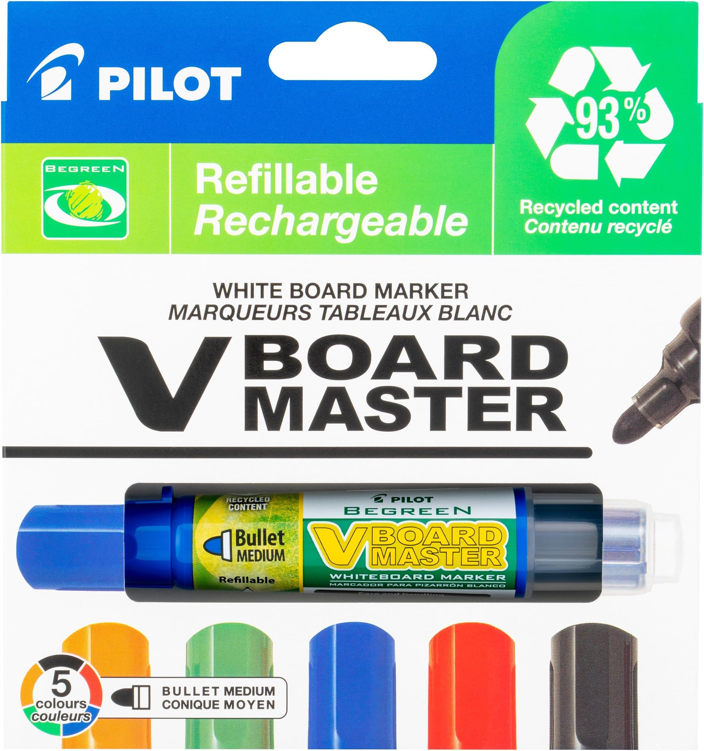 V Board Master Refillable Dry-Erase Markers, Bullet Tip, Assorted Color Inks, 5 Count