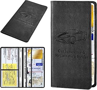 Car Registration and Insurance Holder, Leather Auto Glove Box Organizer with Magnetic Shut, Vehicle Compartment Accessories Case for Cards, Driver License & Essential Documents (Black)