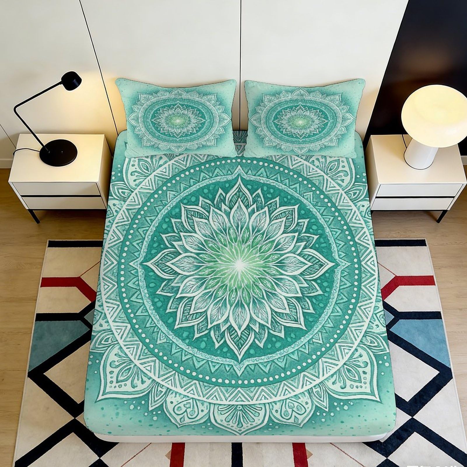 3D Printed Mandala Flower Fitted Sheet Microfiber Soft Breathable Geometric Lotus Bed Cover for Bedroom Dorm Mattress Decor 200x200x25cm