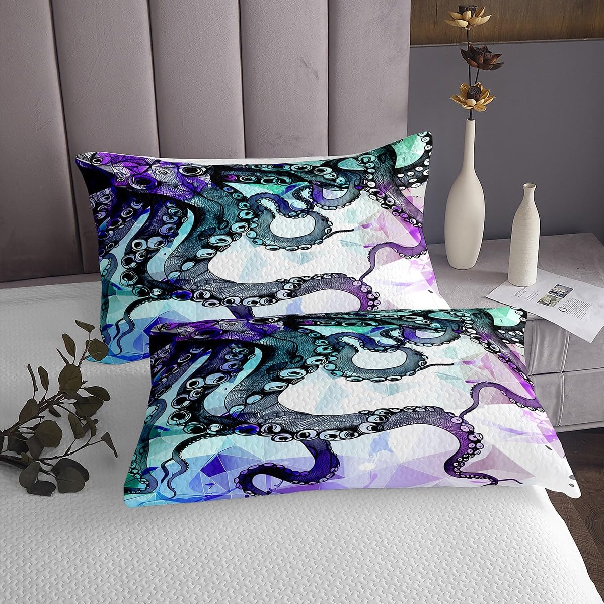 Octopus Bedding Teal Octopus Tentacles Coverlet Set Ocean Mystic Kraken Print Design Marine Mediterranean Style Quilt Set Sea Animal Bedspread2 Pillowcases for Kids Boys Girl(King, Octopus)