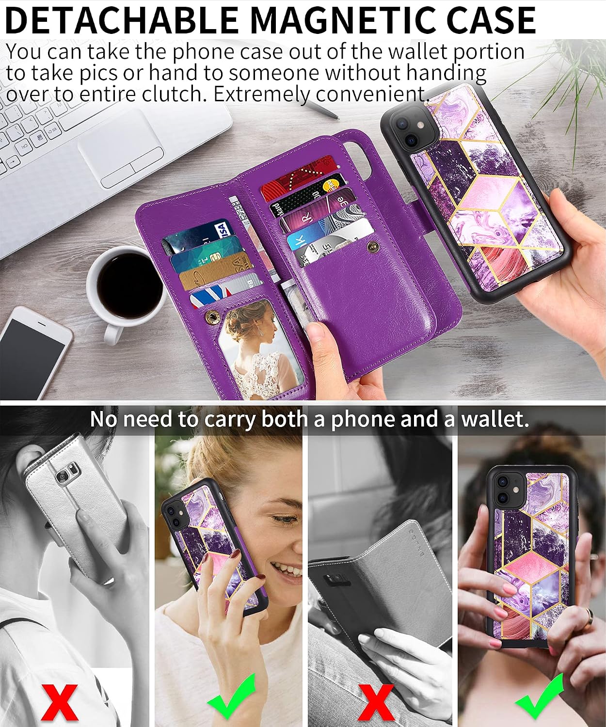 CASEOWL iPhone 11 Case, iPhone 11 Wallet Cases Magnetic Detachable with 9 Card Slots, Hand Strap, Marble Pattern 2 in 1 Folio Flip Leather Wallet & TPU Protective Case for Women Girls, Purple