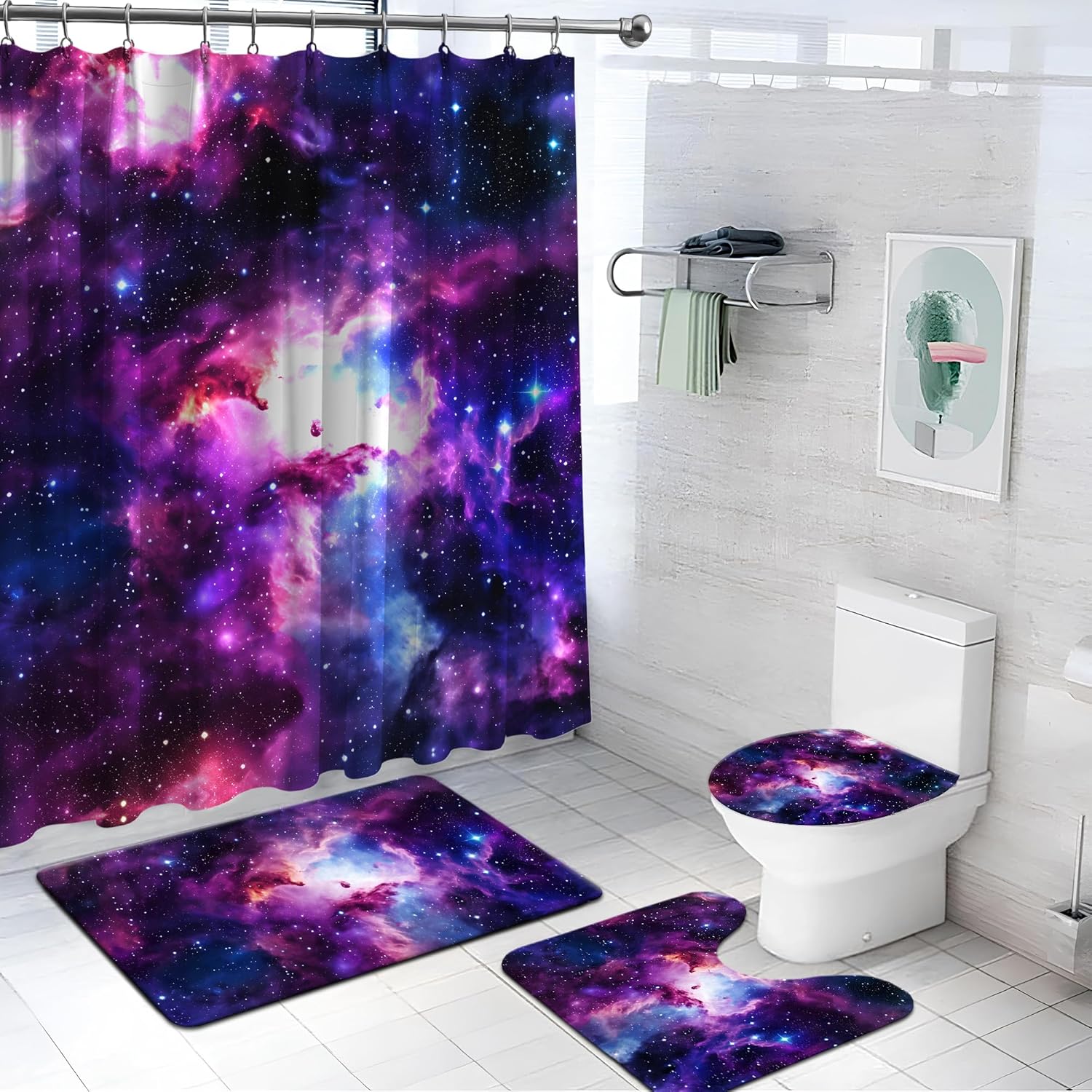 Space Galaxy Shower Curtain Bathroom Sets 4 Piece, Outer Star Themed Starry Shower Curtain Purple Trippy Universe Nebula Bath Mat with Non-Slip Rugs, Toilet Lid Cover Bathtub Restroom Home Decorations