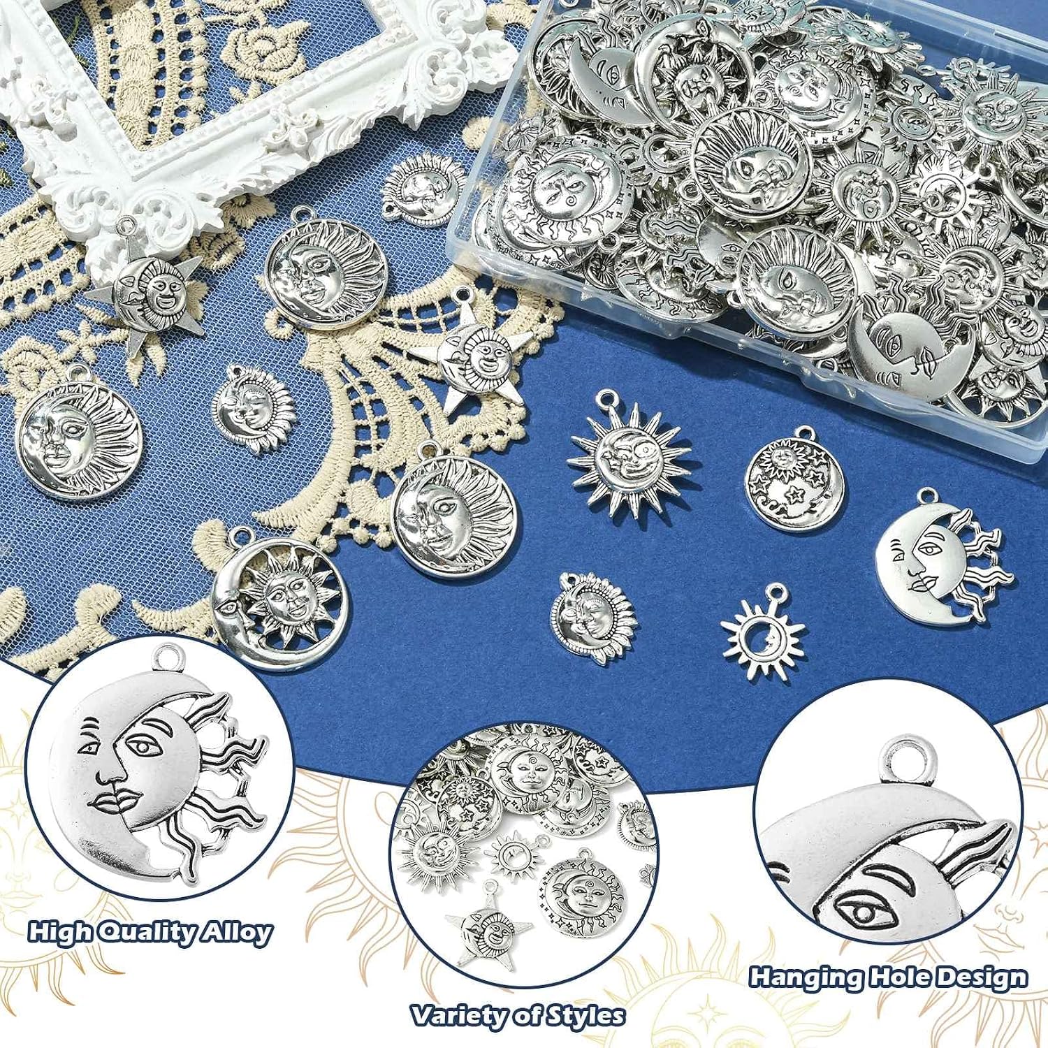 LiQunSweet 100 Pcs 10 Styles Antique Silver Sun and Moon Alloy Charms Vintage Celestial Crescent Star Charms for DIY Jewelry Bracelet Earrings Keychain