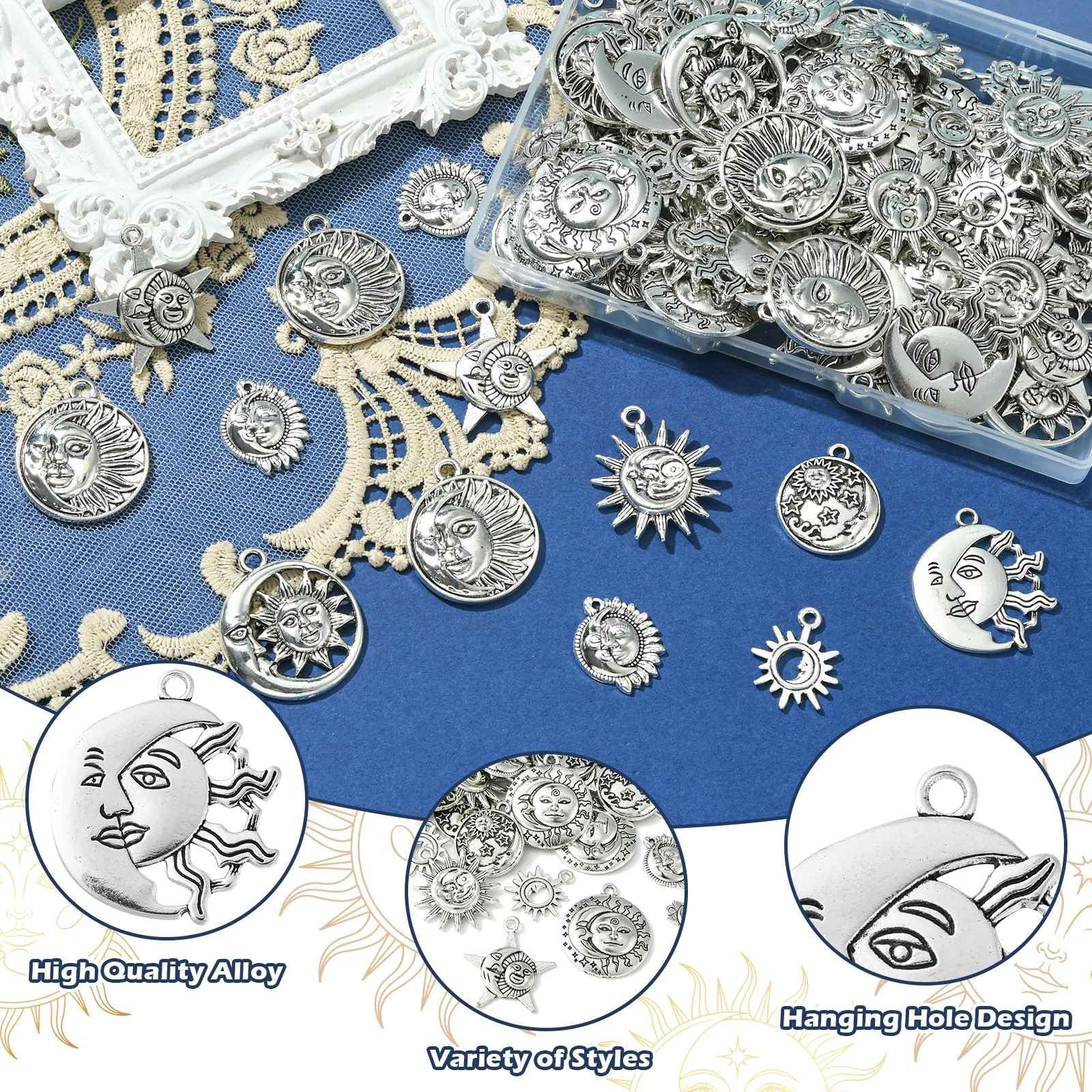 Stiesy 100Pcs 10 Styles Tibetan Silver Sun Moon Pendant Charms - Image 3