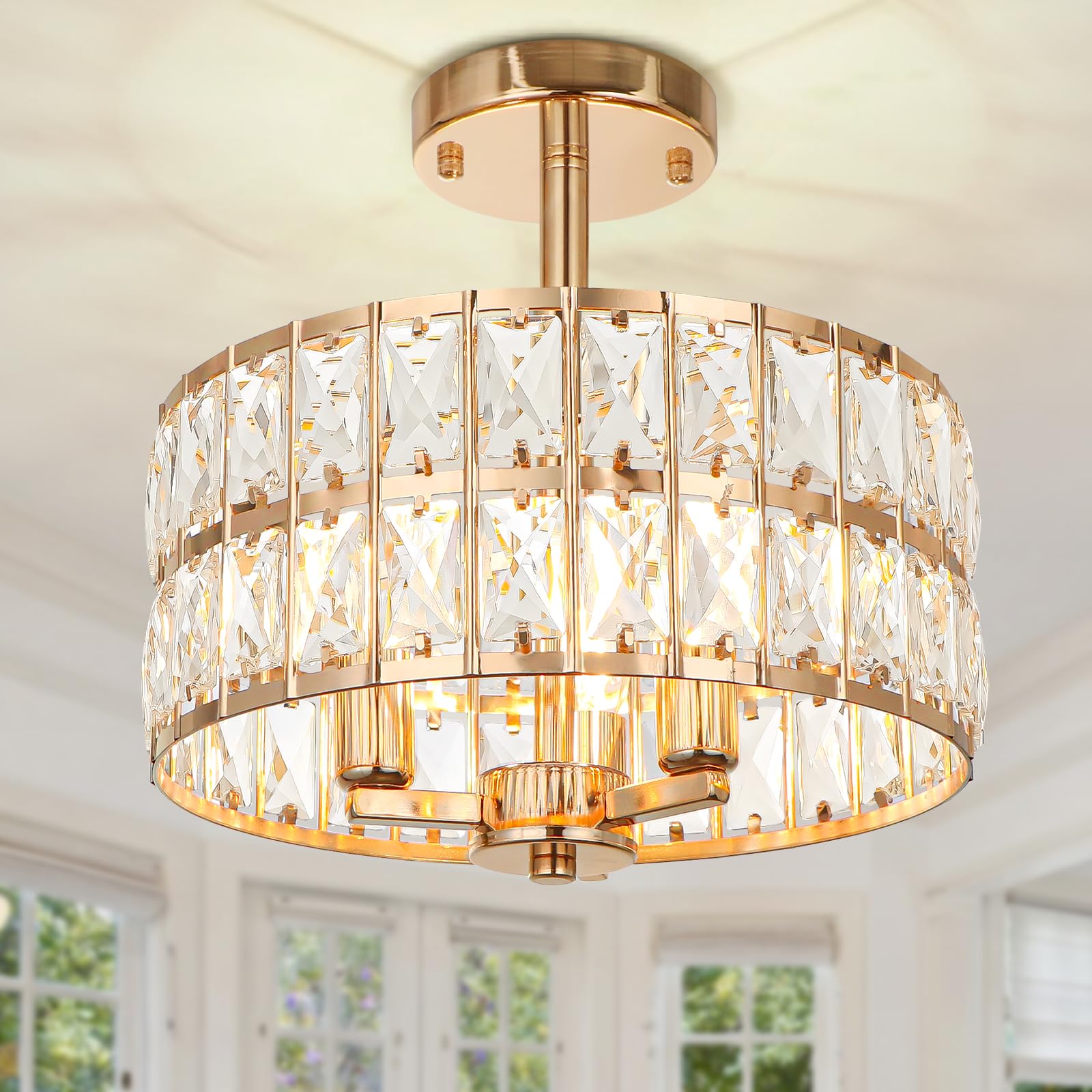 LynPon Lampadario a Soffitto Oro con Cristalli, 3 Luci E14 Lampada da Soffitto Moderna Semi-Incasso, Plafoniera Elegante in Cristallo per Soggiorno, Camera da Letto, Cucina, Corridoio, Sala da Pranzo