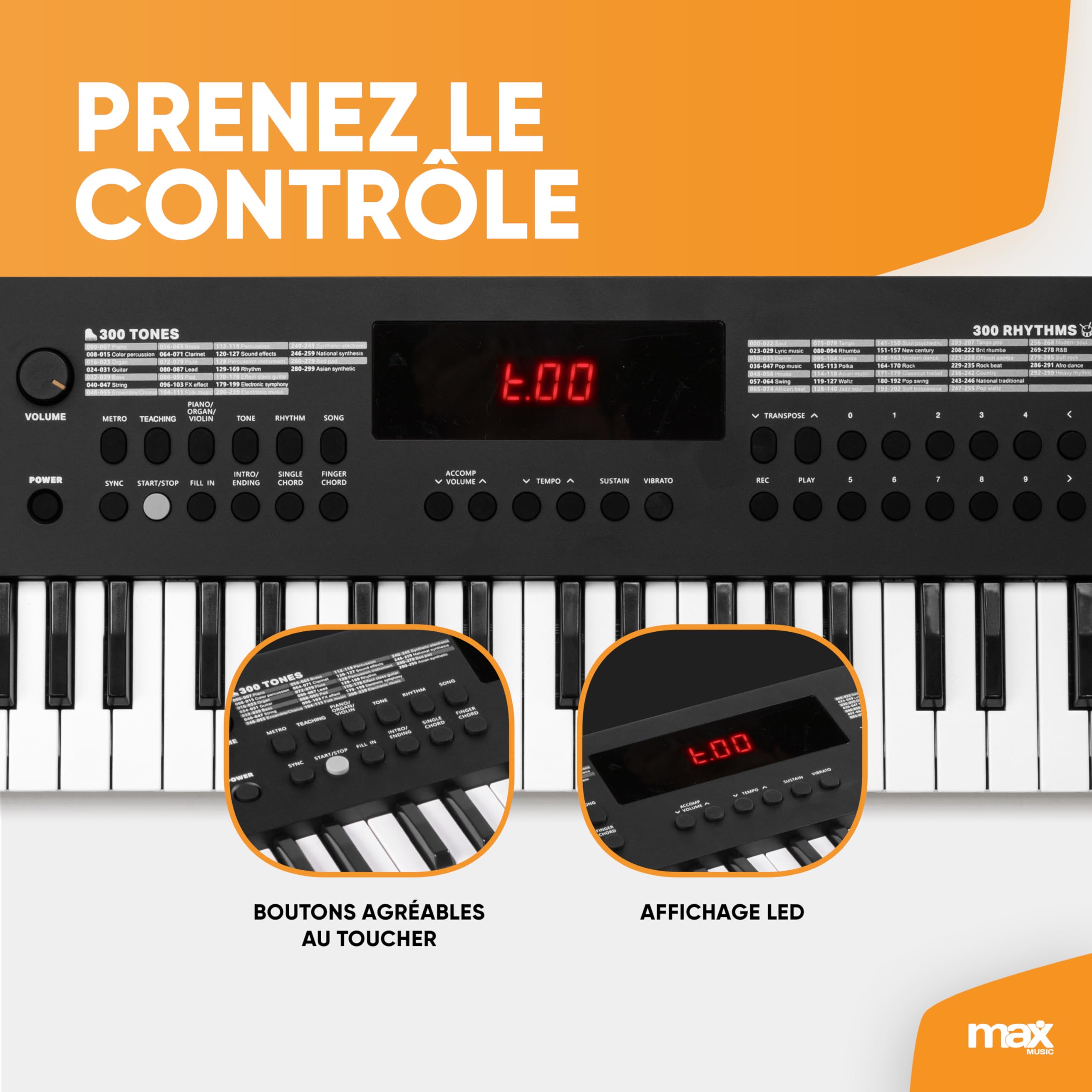 Max Rhapsody49 Clavier MIDI Électronique, 49 Touches, 300 Timbres, 300 Rythmes, Alimentation USB-C, Deux Haut-Parleurs Intégrés, Idéal pour les Producteurs de Musique et Home Studio