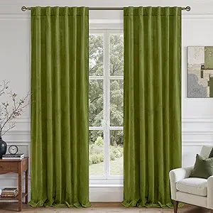 LAMIT Moss Green Velvet Curtains for Living Room 102 Inch Length, Vintage Thermal Insulated Room Darkening Drapes Super Soft Back Tab and Rod Pocket Panels for Bedroom, 2 Panels, 52 x 102 Inch