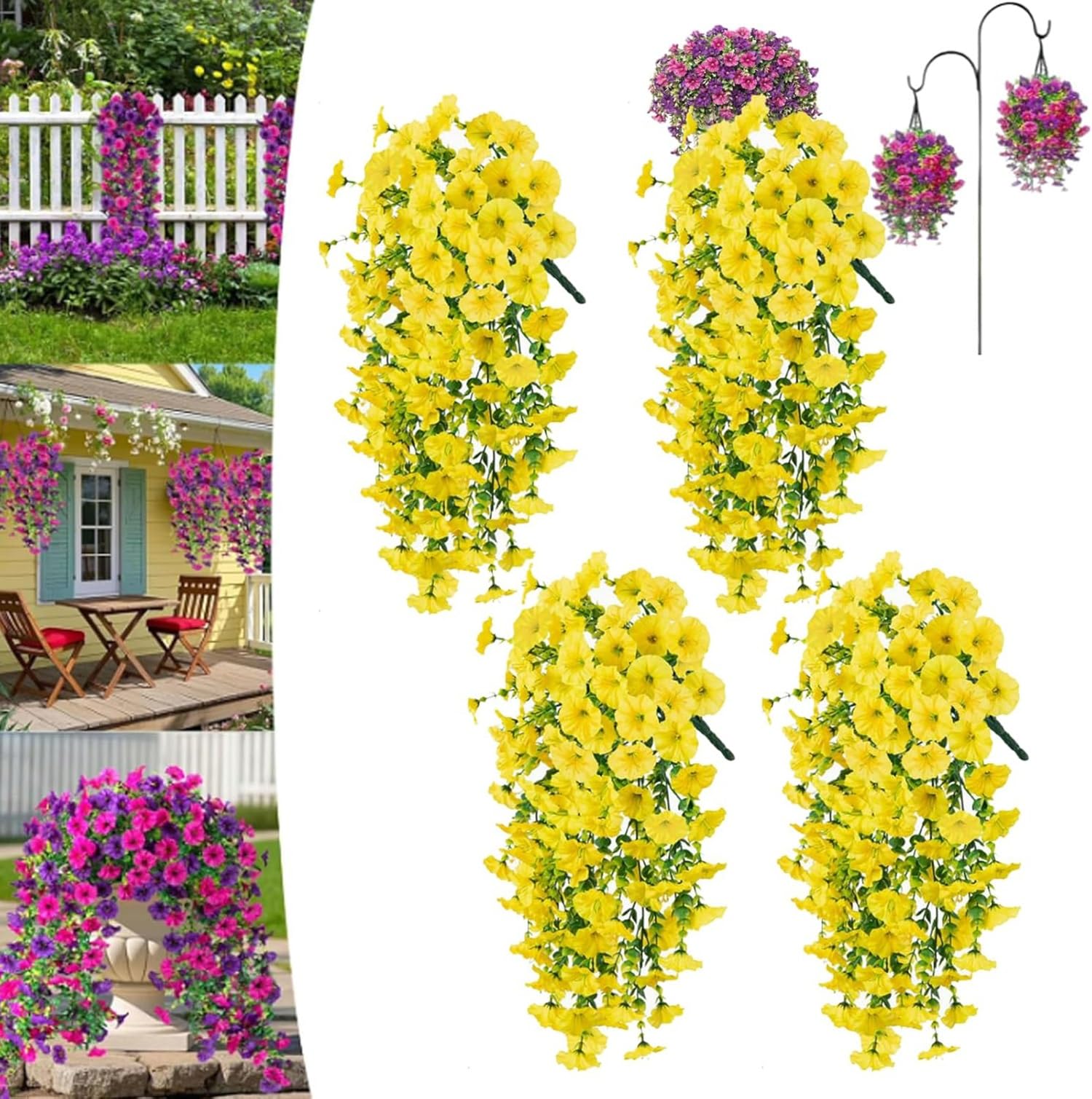DAO-UPPSE Fade-Resistant Hanging Artificial Silk Morning Glory Vine, With Eucalyptus Leaves For Outdoor Porch Decor(Yellow)