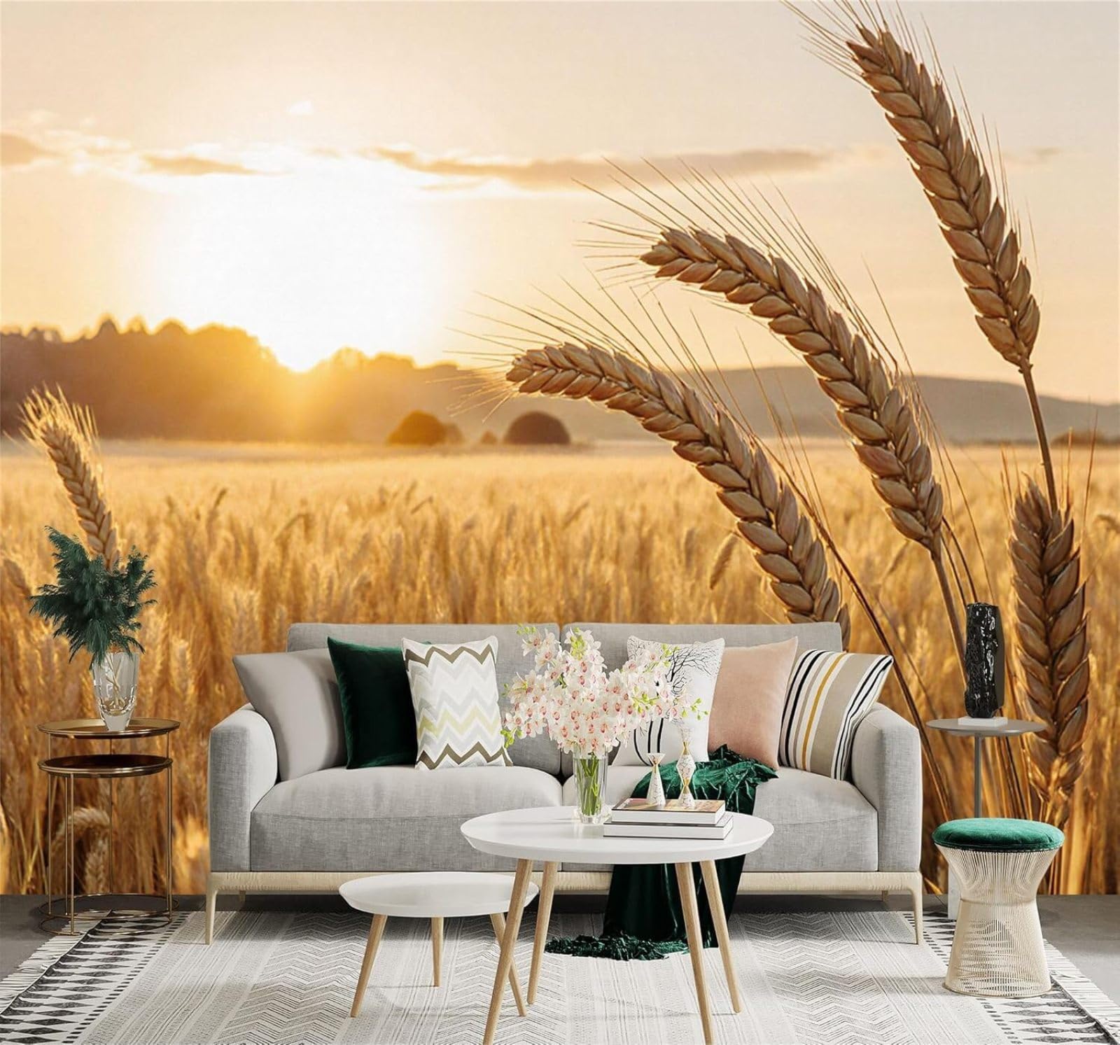 Xlming 400Cm×280Cm(B×H) Aesthetic Sunset Golden Wheat Fields Mountains Warm Light 3D Wallpaper Premium Textured Silk Study Dining Living Room Bedroom Sofa Tv Wall Easy Install-400Cm×280Cm