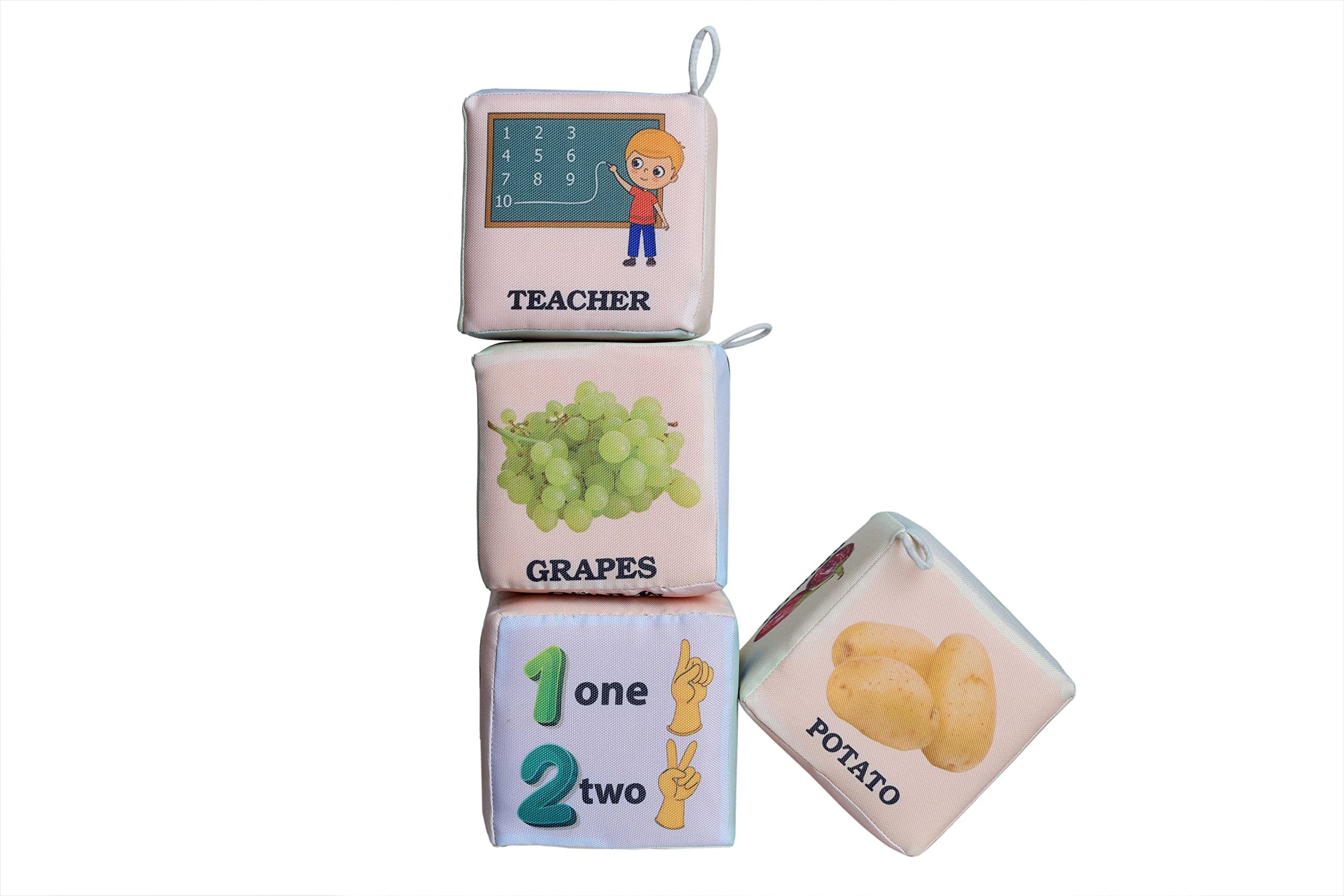 Cushion Villa Baby Blocks Stacking & Building Toys for Babies, 4 Soft Blocks Cubes Learning Numbers, Fruit, Vegetables Squeeze Educational & Developmental for Kids/Babies/Girl and Toddler