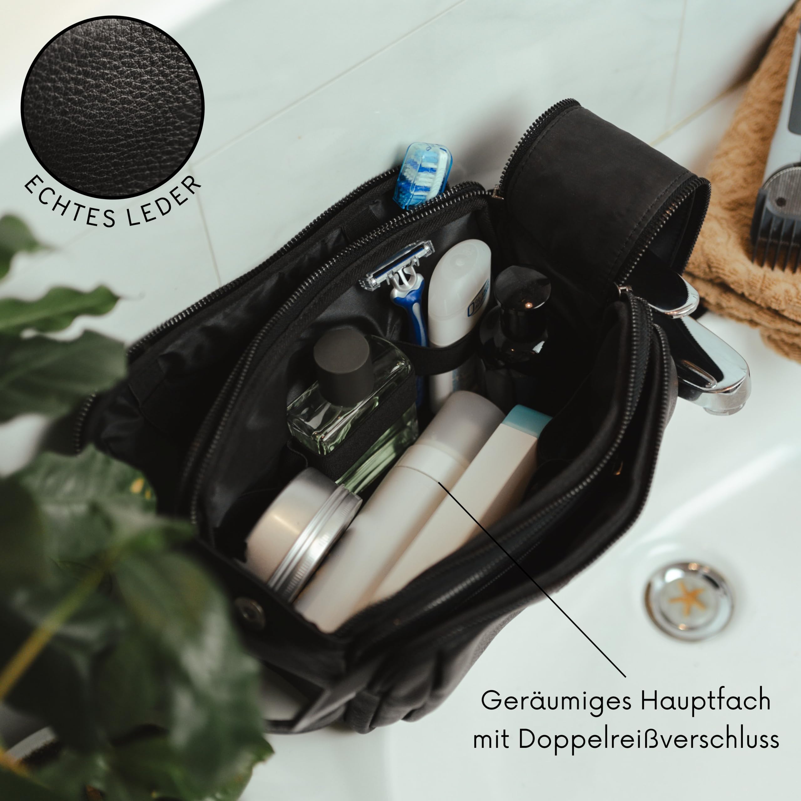 Baur Kulturbeutel aus echtem Leder – Große Toilettentasche mit viel Platz – Kulturtasche für Damen und Herren (Rindsleder Schwarz)