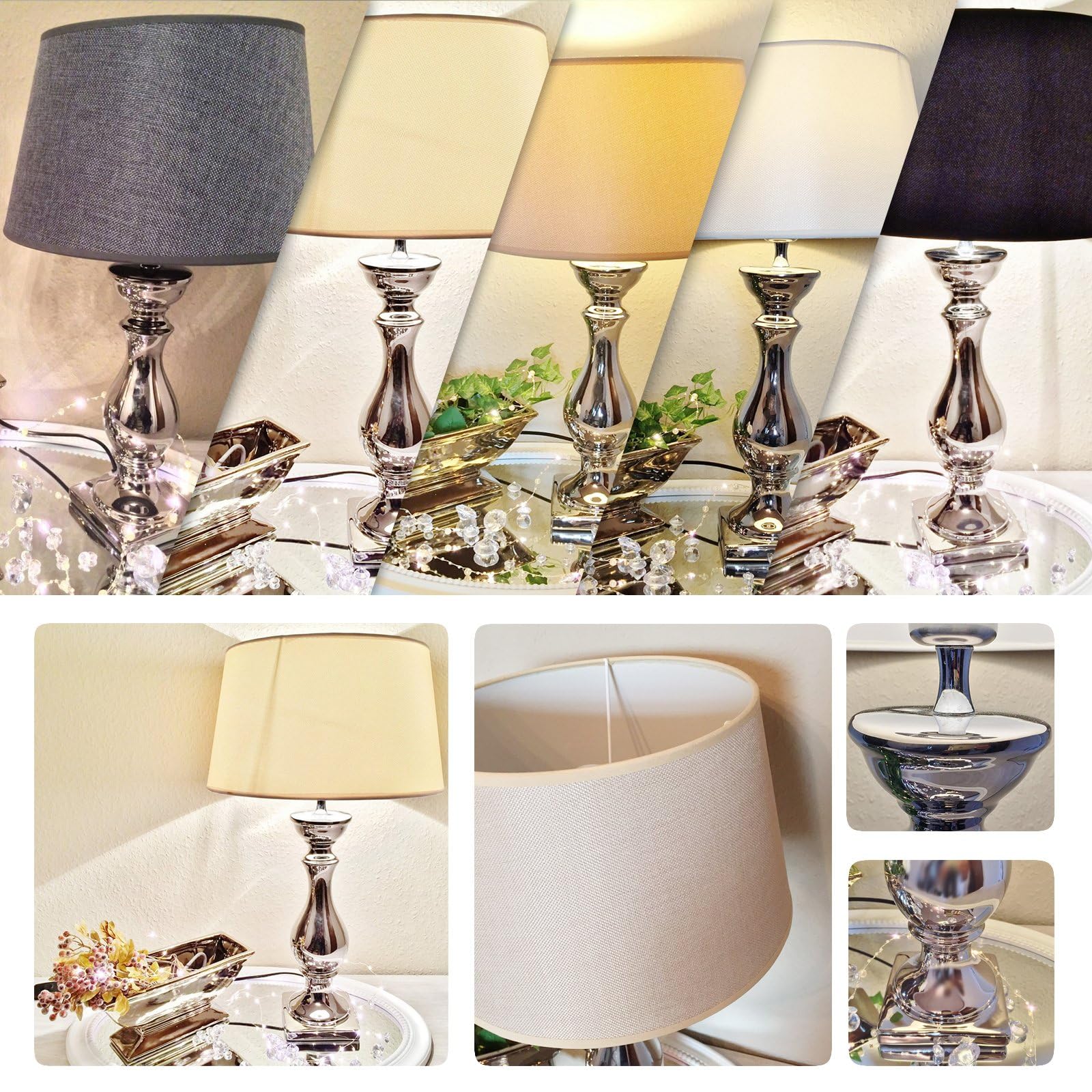 DRULINE Lovely Tischlampe 60 cm Tischleuchte Nachttischlampe mit Schwarzem Stoffschirm & Silbernem Keramikfuß mit Kabelschalter für Schlafzimmer, Wohnzimmer, Büro Dekolampe E27, Leselampe