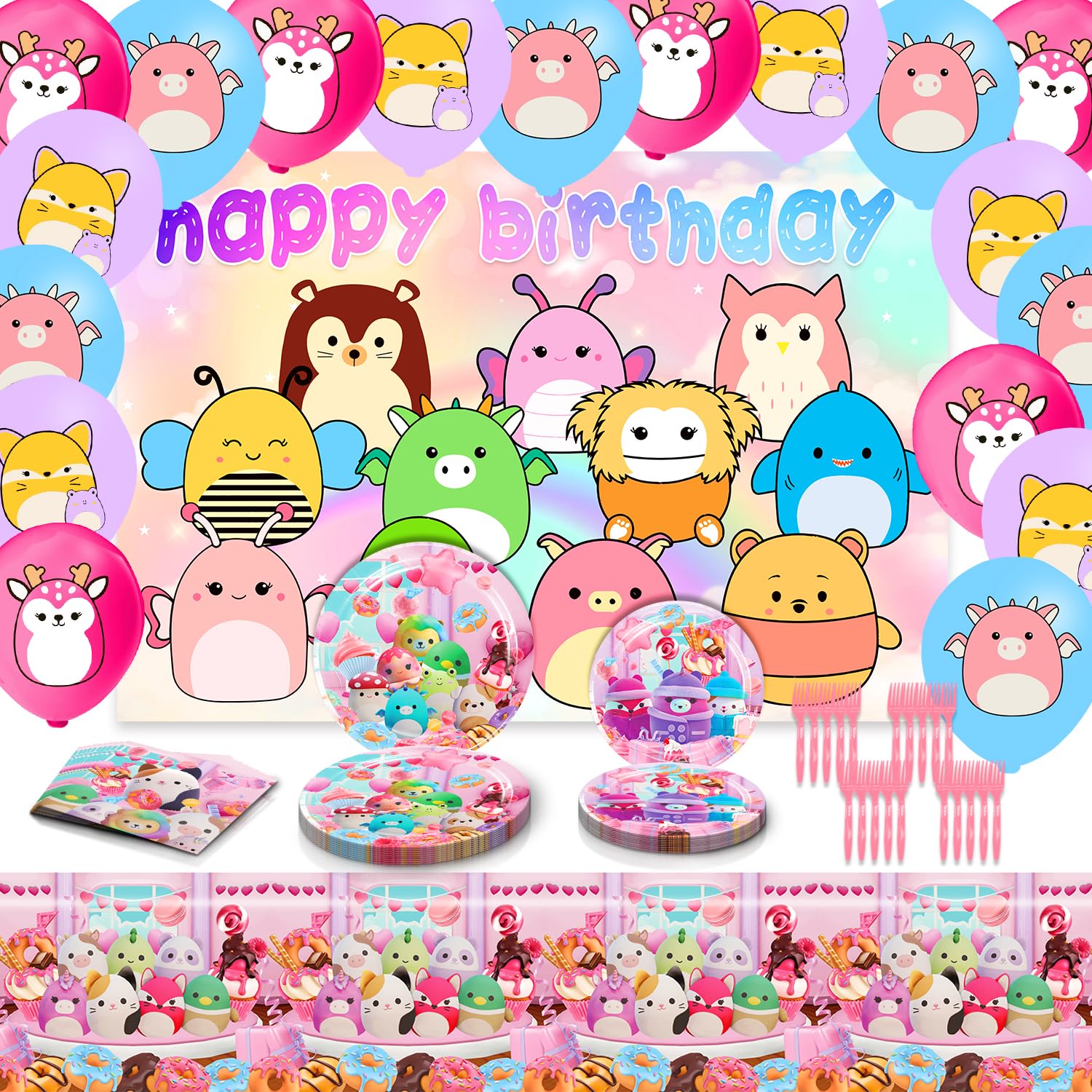 Squish-mallowes Party Supplies Birthday Party Decorations, Include Tableware Set Backdrop Paper Plates Napkins Table Cover Balloon, Serving 20 Guests