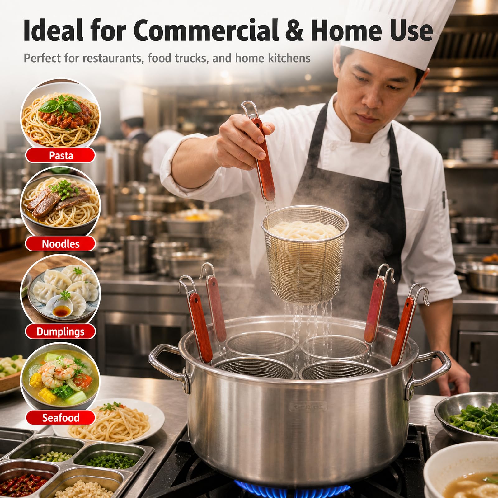 RSBFER Ensemble de casseroles en Acier Inoxydable pour la Cuisson des pâtes – Marmite avec paniers passoires Amovibles et séparateur pour Restaurants, Food Trucks et Cuisines domestiques,3 Hole