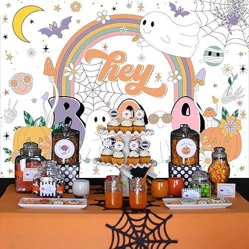 Miniatura 7 de Avezano Hey Boo - Telón de fondo retro Groovy Rainbow para Halloween, baby shower, decoración de fiesta de baby shower, mesa de postre (7 x 5 pies,