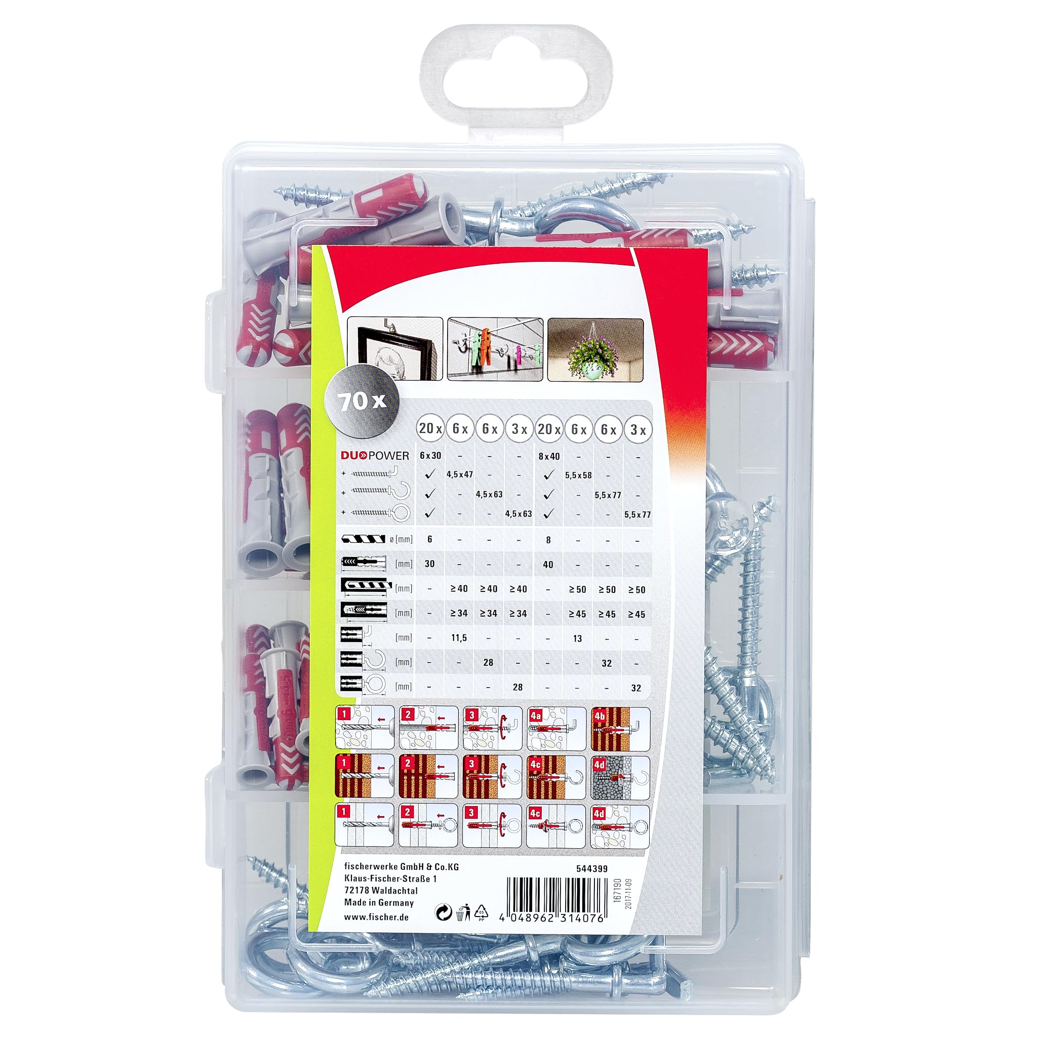 fischer Profesjonalne pudełko DuoPower z haczykami, pudełko na kołki z 70 elementami (20 szt. 6 x 30, 20 szt. 8 x 40, 30 szt. haków kątowych, okrągłych i oczkowych), uniwersalne kołki, praktyczna