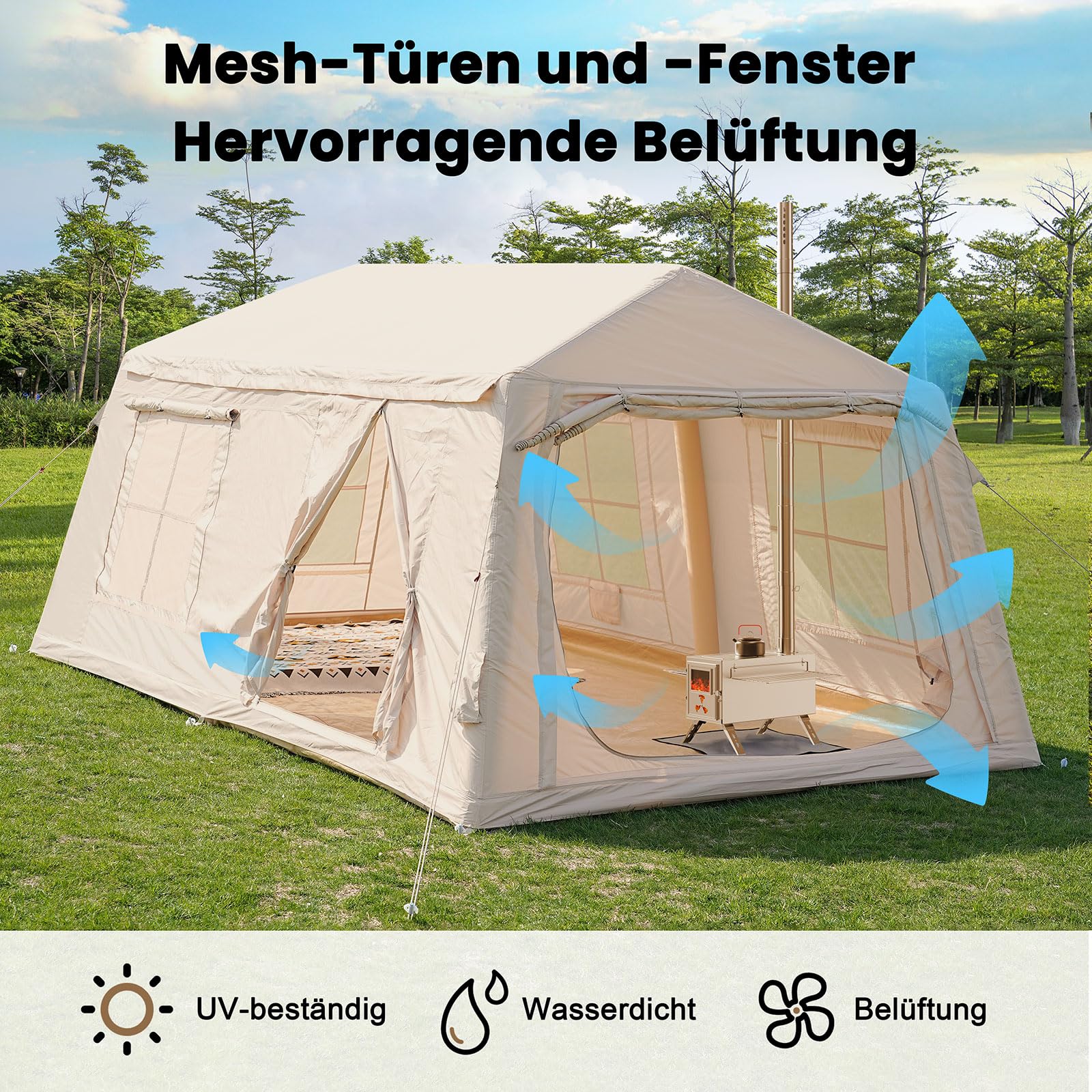 Ytaoeo Tienda inflable para acampar al aire libre | Con chimenea y apertura de puerto de CA, tienda de campaña inflable hecha de tela Oxford impermeable