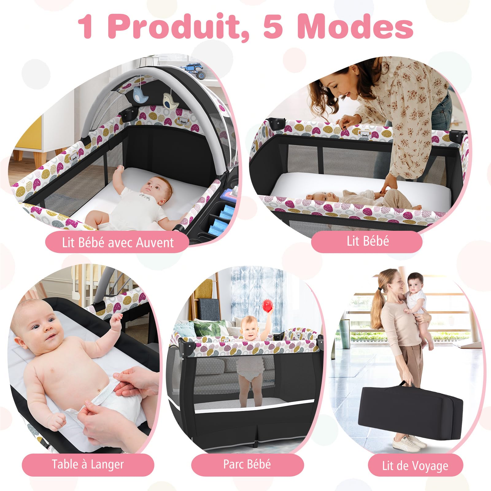 COSTWAY Lit Parapluie Bébé avec Matelas & Table à Langer Escamotable, Lit Bébé Évolutif avec Boîte à Musique & Jouets Suspendus, Auvent Réglable, Lit de Voyage pour 0-36 Mois (Cercles colorés,Noir)