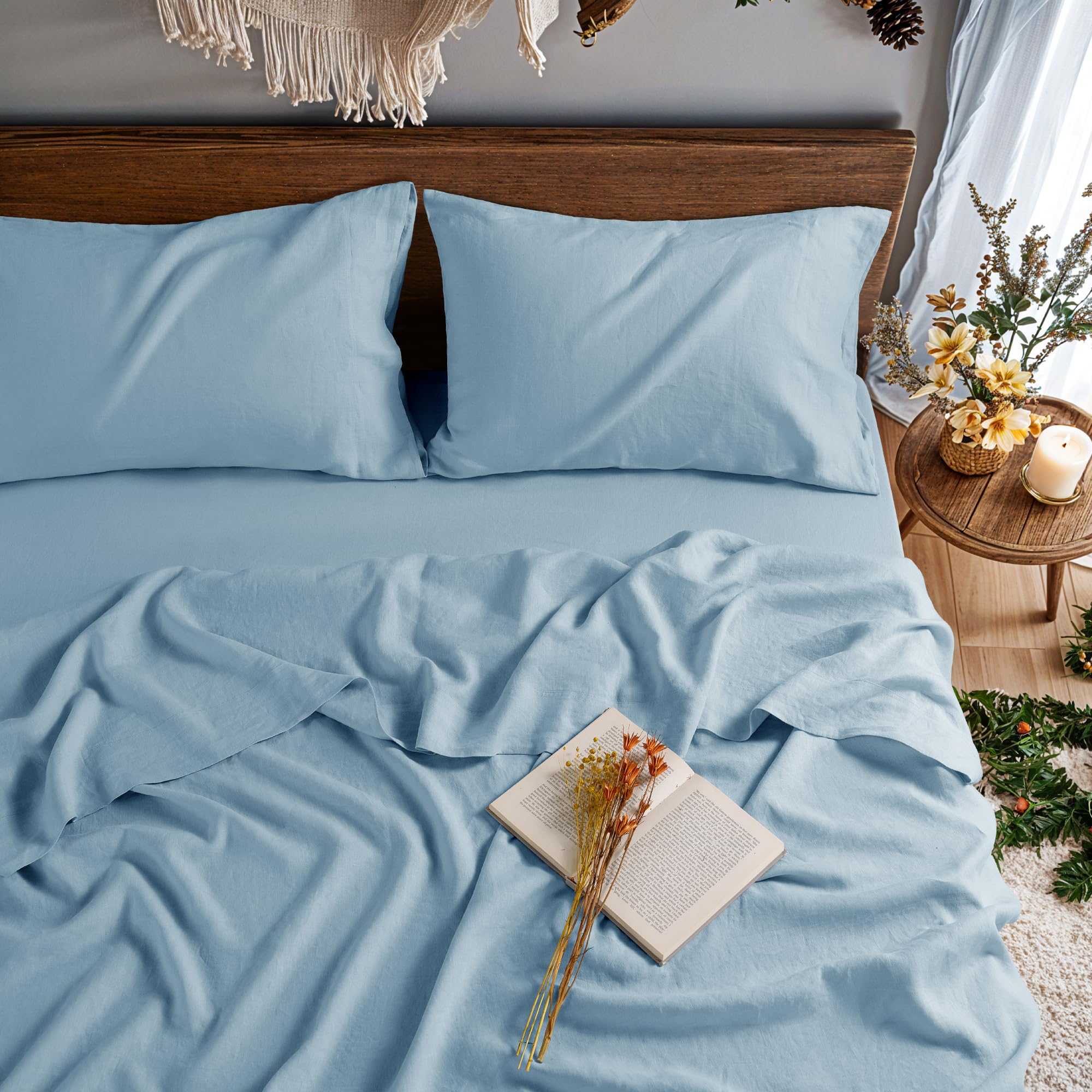 100% Pure Linen Sheet Set for Hot Sleepers, 4 Pcs Bedding Set 16 Inch Deep Pocket Full Size (Dusty Blue Full)