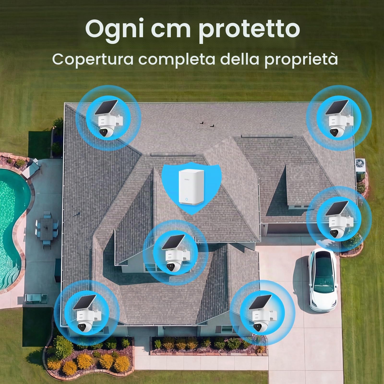 aosu T2 Ultra 4K Telecamera Esterno Senza Fili Solare 360° PTZ Truecolour | Kit 6 Telecamere y aosuBase 2.0, 32 GB Espandibile Fino a 1 TB, 2,4/5GHz, Auto-Tracking, Riconoscimento Persona/Veicolo/Pet