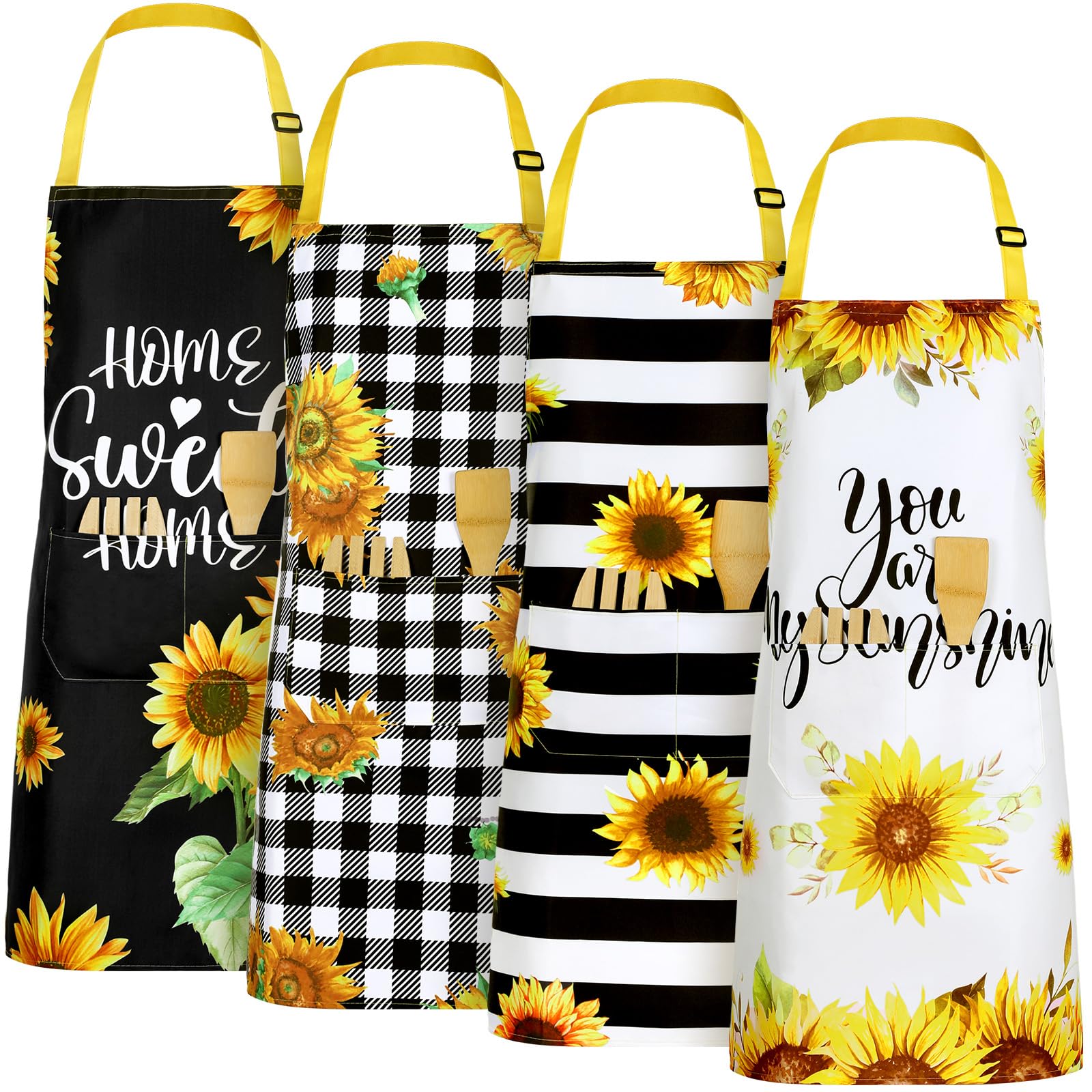 Geetery 4 Pcs Sunflowers Aprons for Women with Pockets Flower Western Grid Chicken Waterproof Aprons for Kitchen Cooking(White,Classic)