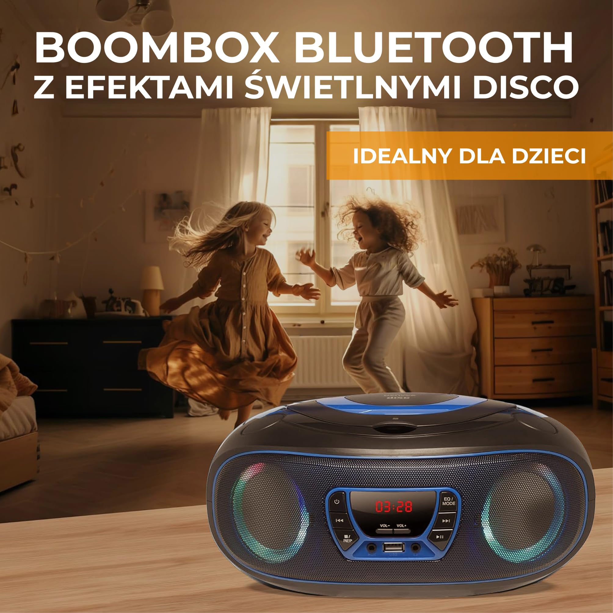 Denver TCL212BT radio z Bluetooth, radio Bluetooth z efektami świetlnymi, przenośny odtwarzacz CD, AUX, USB, niebieskie