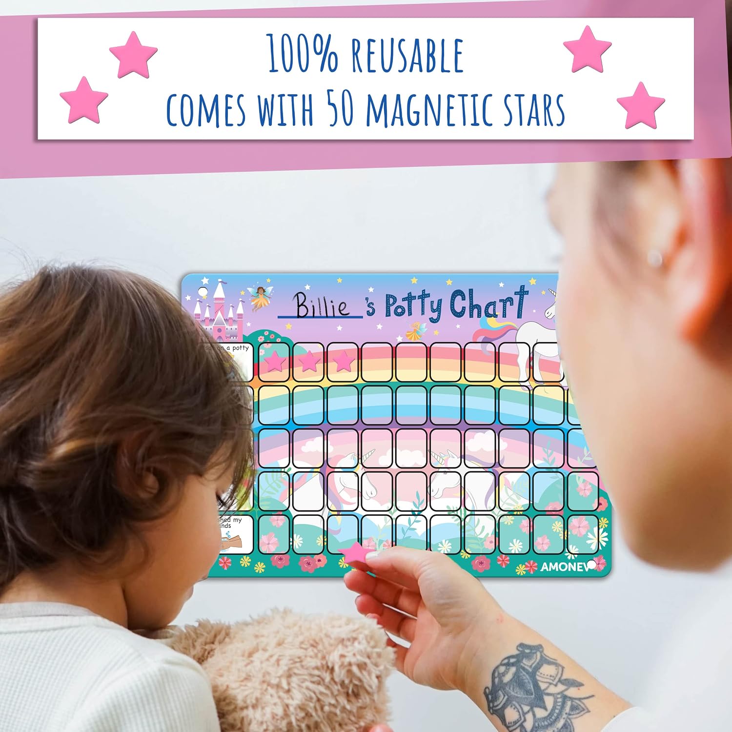 Amonev Children's Magnetic Potty Training Reward Chart. Magnetic Sticker Chart. Reusable Wall Chart for Toilet Training. Suction Cups for Tiles or Glass (Unicorn) image 2