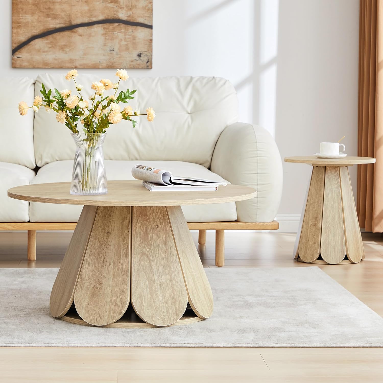 Round Coffee Table, Modern Farmhouse Wood Circle Center Table with Pedestal Base for Small Space, Living Room, Apartment, Natural