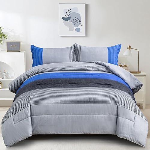 WONGS BEDDING Blue Comforter Set Queen, Reversible Blue Grey Striped Patchwork Alternative Comforter for Queen Bed,3 Pieces (1 Comforter+2 Pillowcases), Soft Microfiber Bedding Duvet Set 90"×90"