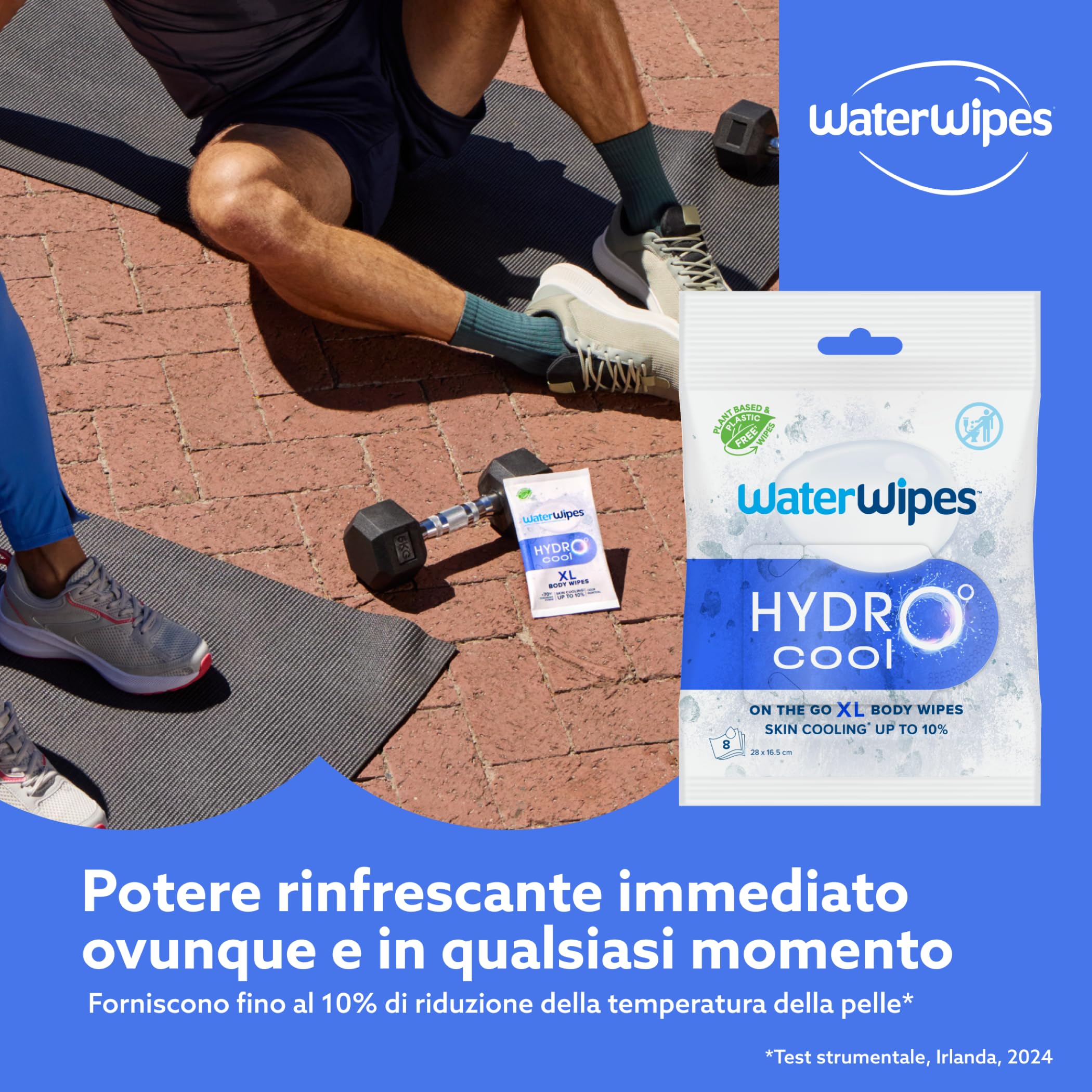 WaterWipes HydroCool Salviette Rinfrescanti XL per il Corpo, Effetto Raffreddante Istantaneo On-the-Go, Rimuove Sudore e Odori, Ideali per Palestra, Viaggi e Attività Outdoor, 8 Pezzi (1 Confezione)