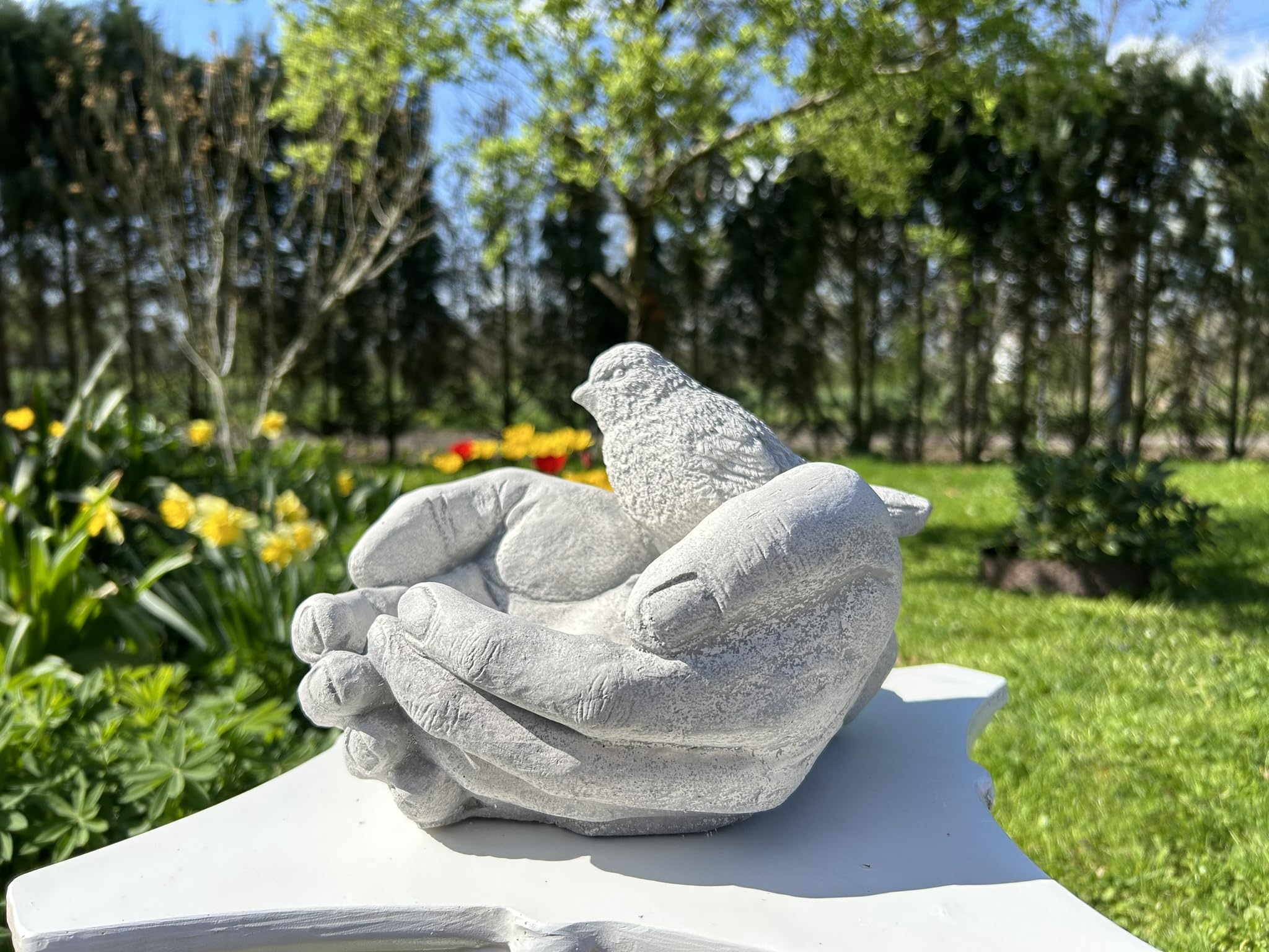 FABRIQ Handförmige Vogeltränke 17 cm – 6 kg Massive Zement Figur – Wetterfest – Gartenvogelbad