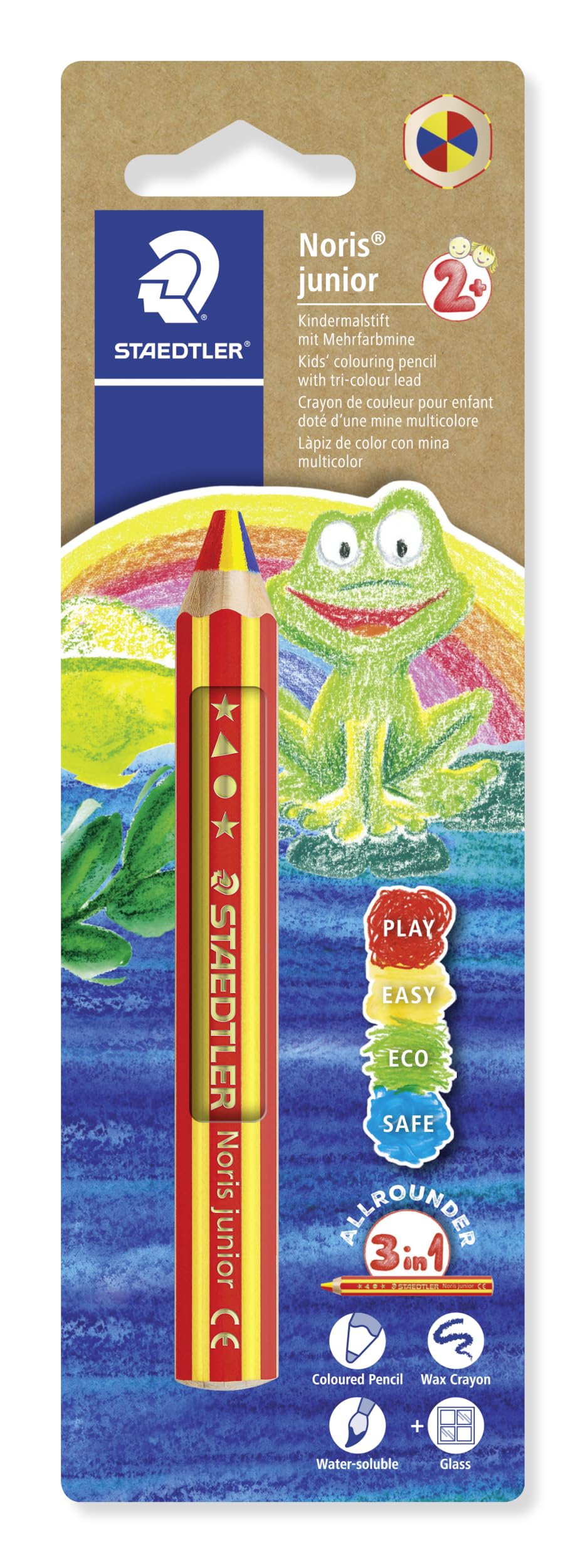 STAEDTLER Noris junior Zestaw 3 w 1 kredek kolorowych, woskowych i akwarelowych, idealny dla małych dzieci, 36 kolorów, temperówka i tęczowy ołówek