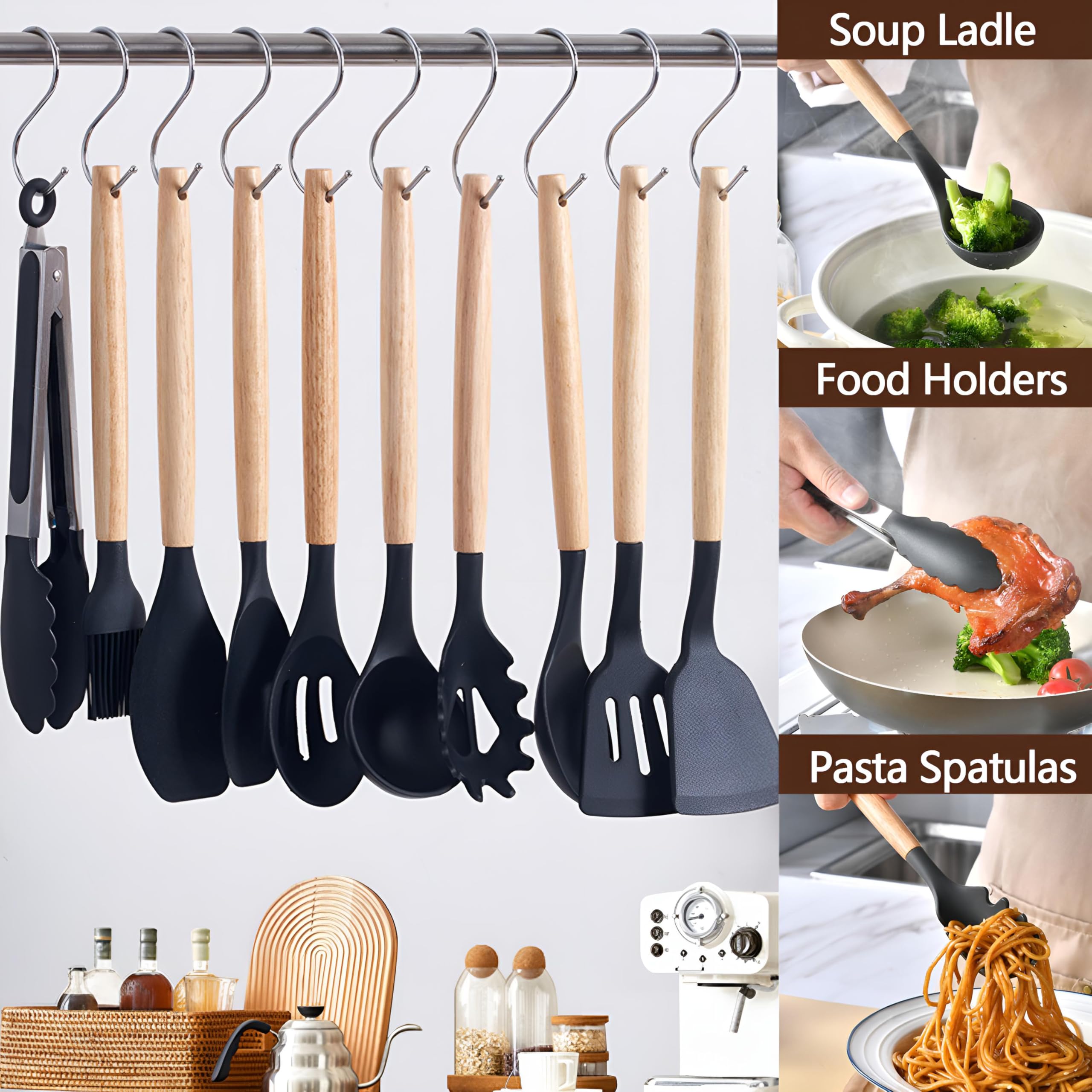 Kitchen Utensils Set and Knives Set,19-in-1 Kitchen Knife Set Include 11 PCS Silicone Cooking Utensils Set 5 PCS Sharp Stainless Steel Chef Knives Scissors and Cutting Board