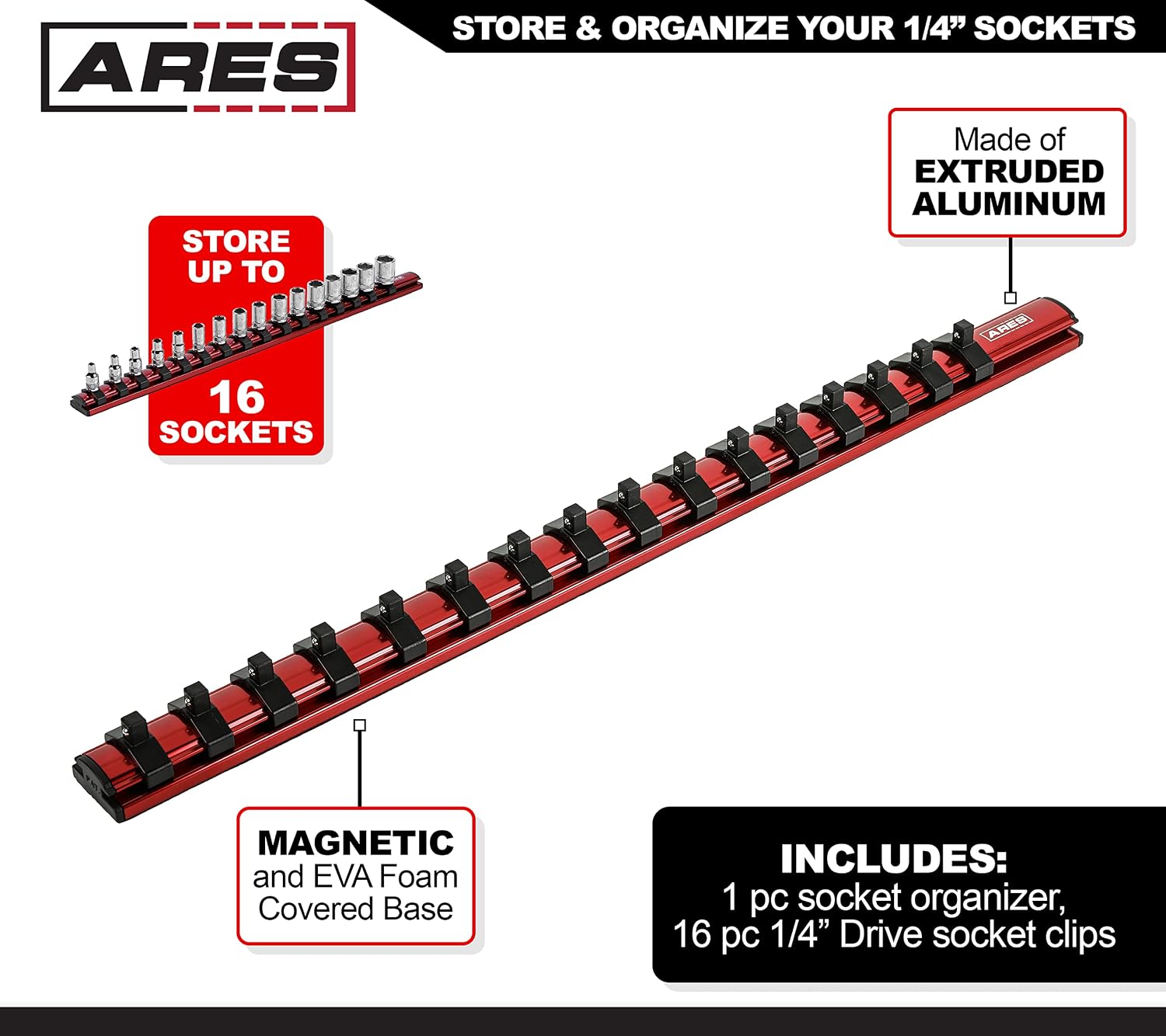 ARES 60127 1/4-In Magnetic Socket Organizer | Part No. 60127; Aluminum Rail Stores up to 16 Sockets and Keeps Your Tool Box Organized