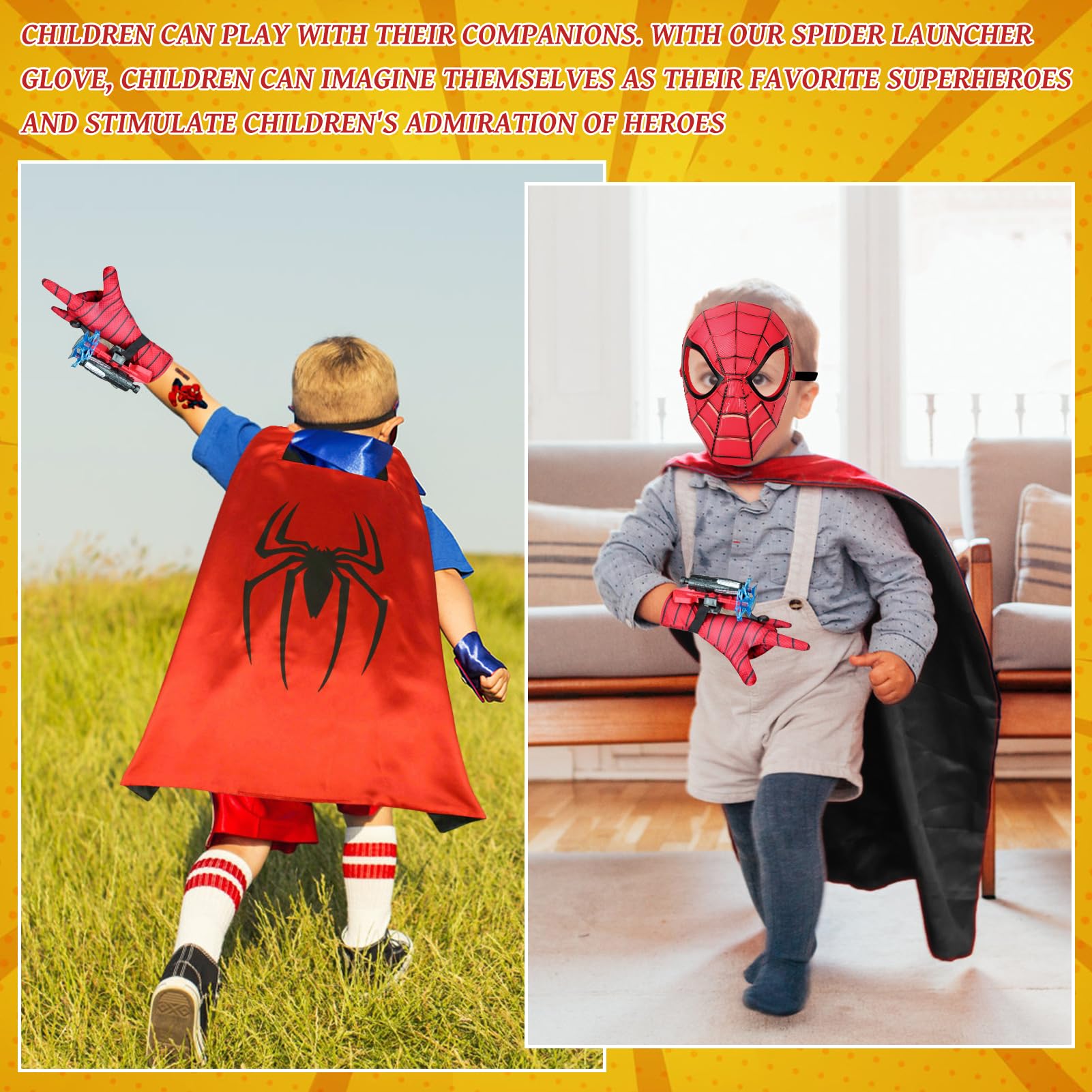 Set di 2 Spiderm Guanti per Bambino, Launcher Glove Guanti Launcher per Giochi con Mantello del Ragno, Spiderm Maschera e Tatuaggi, Spiderm Web Launcher Toy, Giocattolo Educativo per Bambini (A)